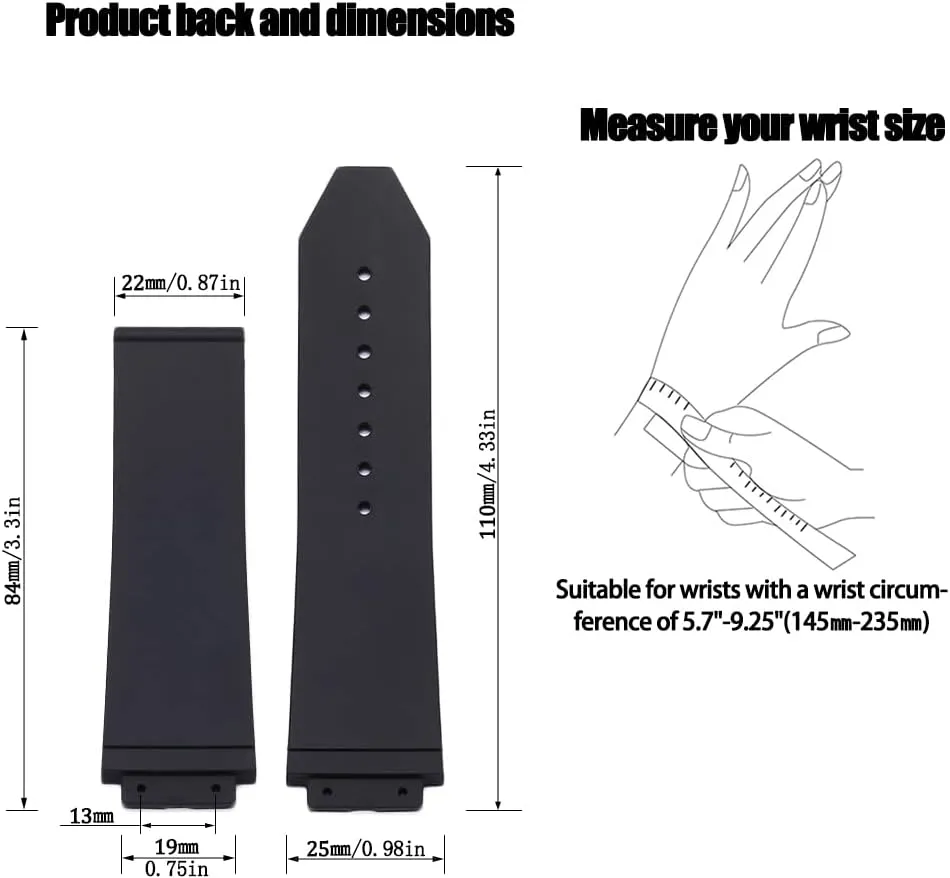 25mm x 19mm Replacement Rubber Strap Compatible with Hublot Big Bang Silicone Watch Band Sports waterproof Linear texture bracelet
