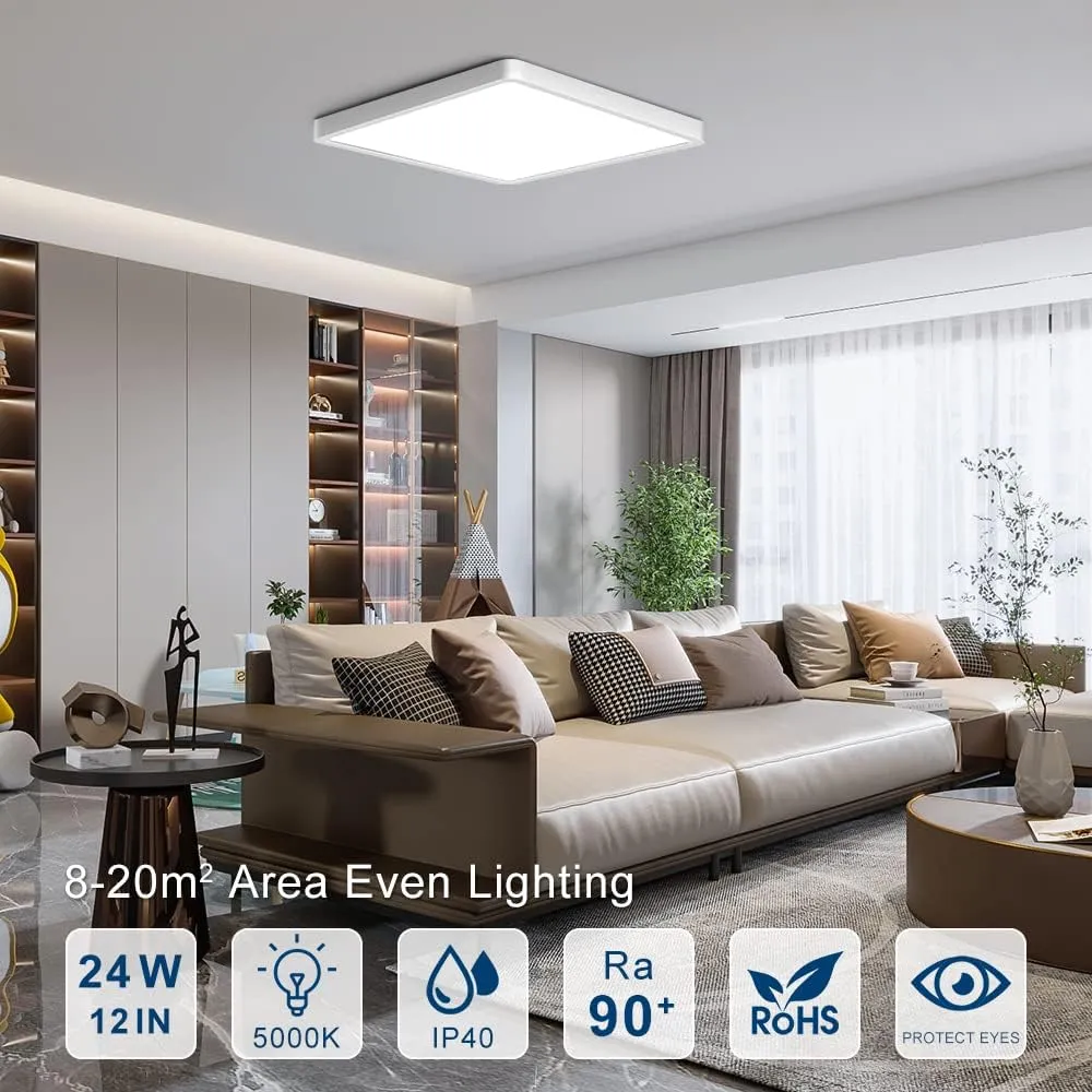 2Pack 12 Inch 24W Square LED Ceiling Light, 5000K Daylight White 3200LM Ultra Bright Ceiling Lights Flush Mount LED Ceiling Lighting Fixture Super Thin for Kitchen Bathroom Hallway Living Room