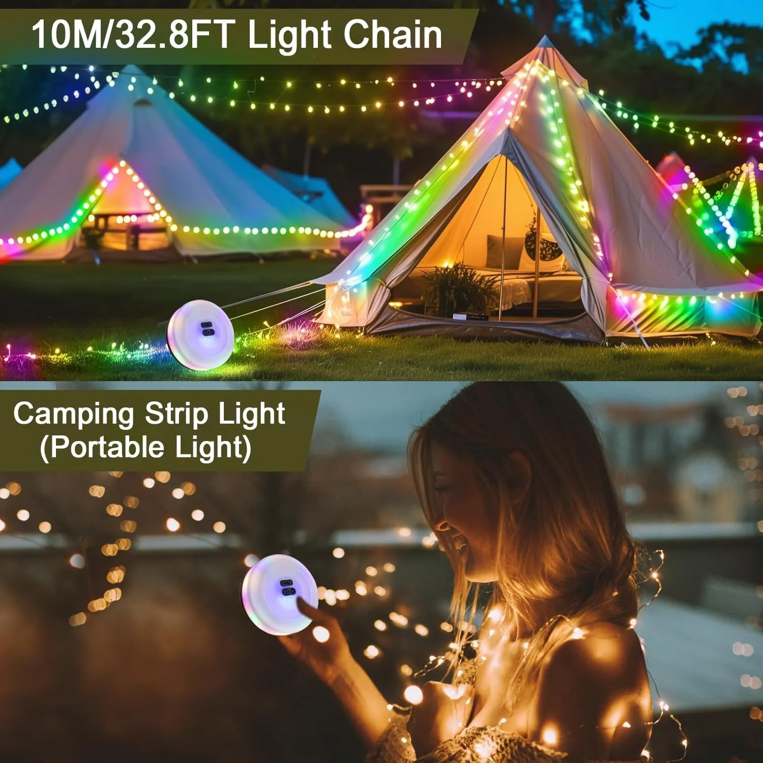 2Pack Camping String Lights, 4 in 1 Quick Storage 32.8FT Rechargeable Tent Lights with 6 Modes Hanging Waterproof Camp Lamp Camping Essentials for AwnTent Hiking Yard Garden Bedroom Festival