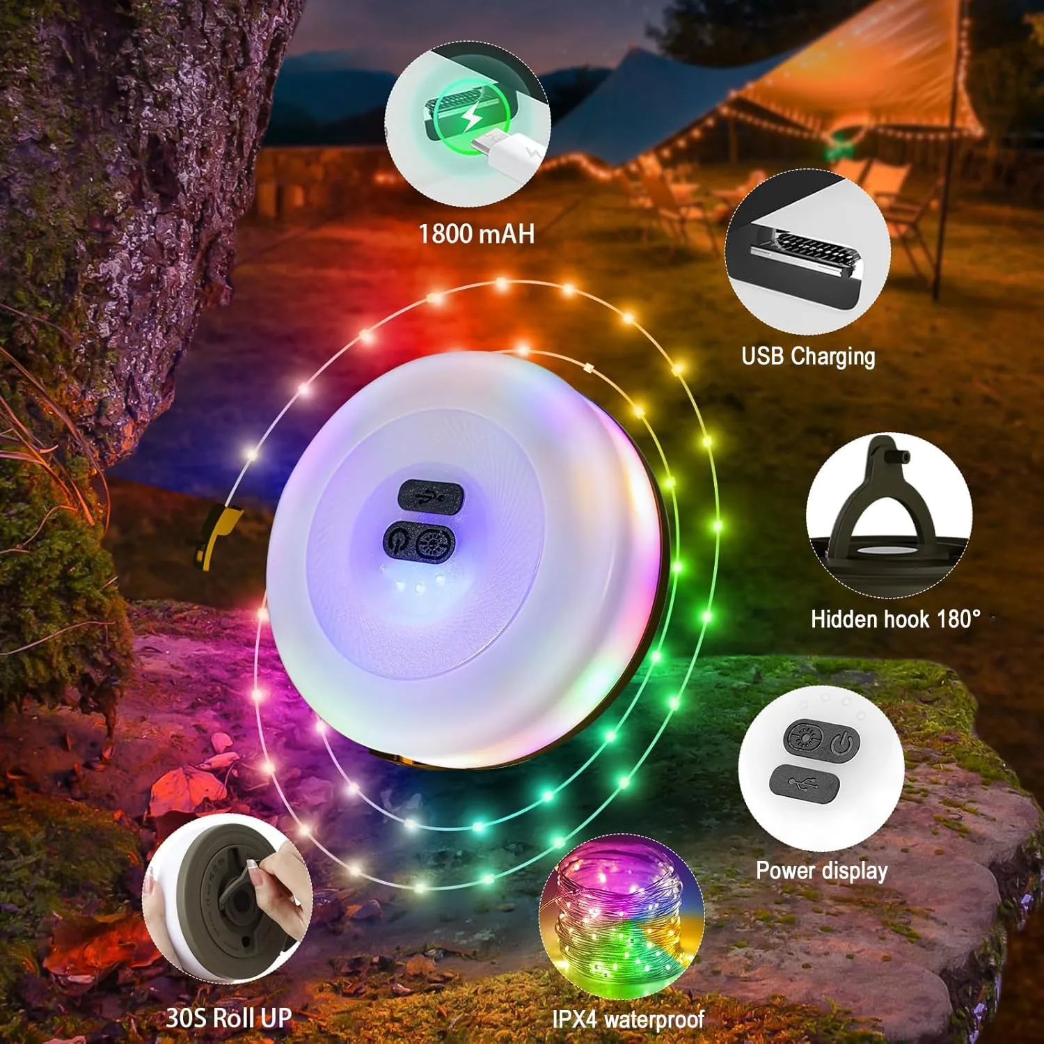 2Pack Camping String Lights, 4 in 1 Quick Storage 32.8FT Rechargeable Tent Lights with 6 Modes Hanging Waterproof Camp Lamp Camping Essentials for AwnTent Hiking Yard Garden Bedroom Festival