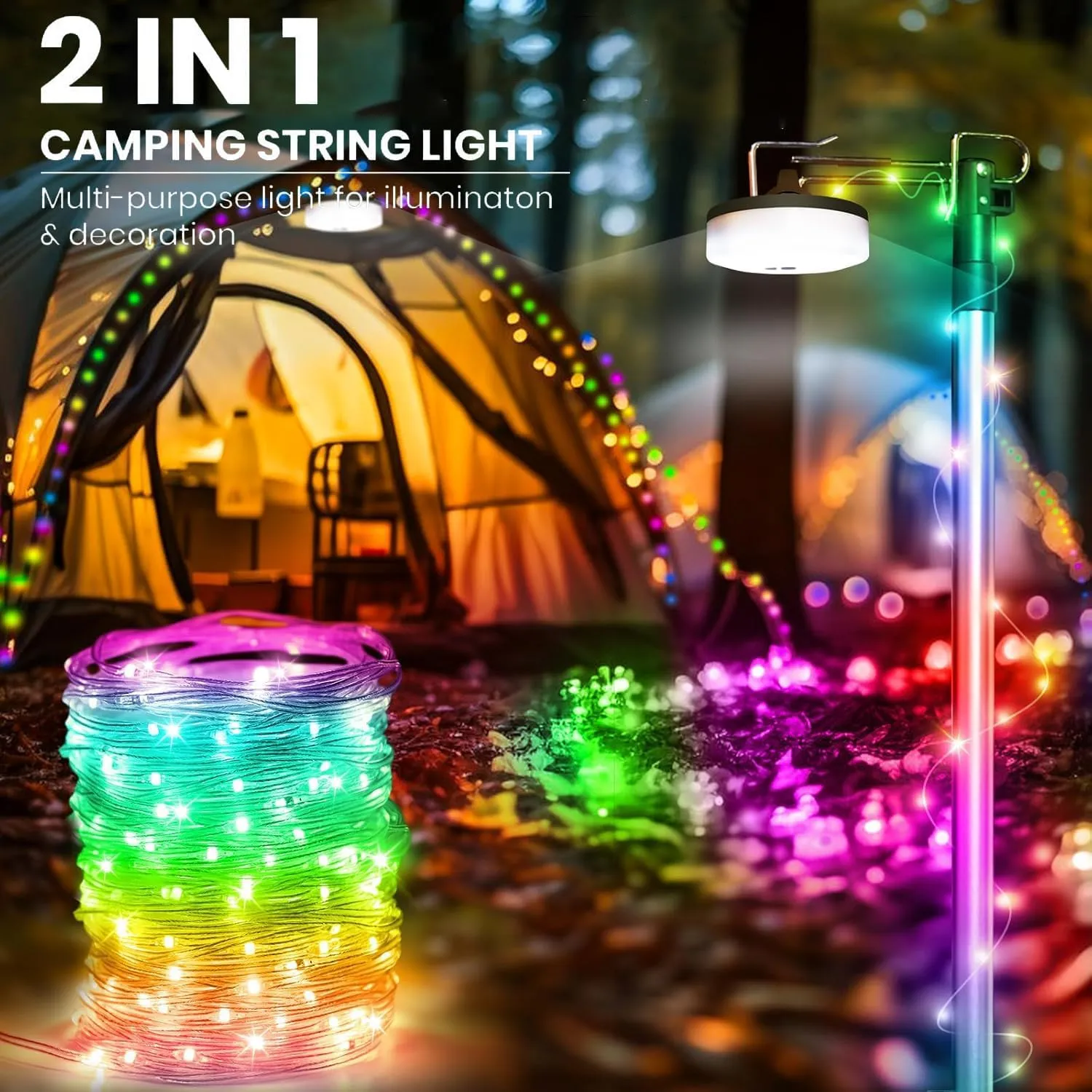 2Pack Camping String Lights, 4 in 1 Quick Storage 32.8FT Rechargeable Tent Lights with 6 Modes Hanging Waterproof Camp Lamp Camping Essentials for AwnTent Hiking Yard Garden Bedroom Festival