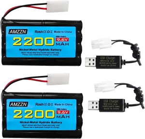 2PCS 9.6V 2200mAh AA NiMH Battery with Tamiya Plug and USB Charging Cable for RC Toy Cars, Trucks, Tanks, Engineering Vehicles, RC Ships, Rechargeable Battery Accessories (2PCS Battery 2 USB)