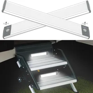 2PCS RV Lights Exterior Motion Sensor RV Step Light,46 LED Rv Light Camping Wireless USB Rechargeable Lighting,Camper Lights Adjustable 3 Colours with Battery Level Display for Under Cabinet,Step,Tent