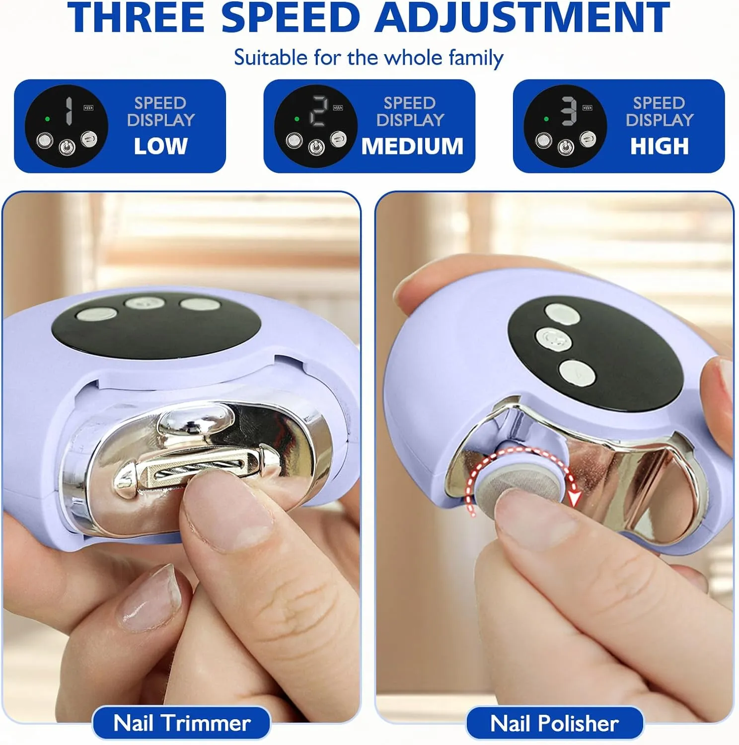 3-in-1 Electric Nail Clipper - 2025 New 360° Rotation Electric Nail Trimmer with Auto Storage | Led Light & 3 Speeds | Battery & Speed Indicator, Automatic Nail Clipper for Baby Seniors Adult
