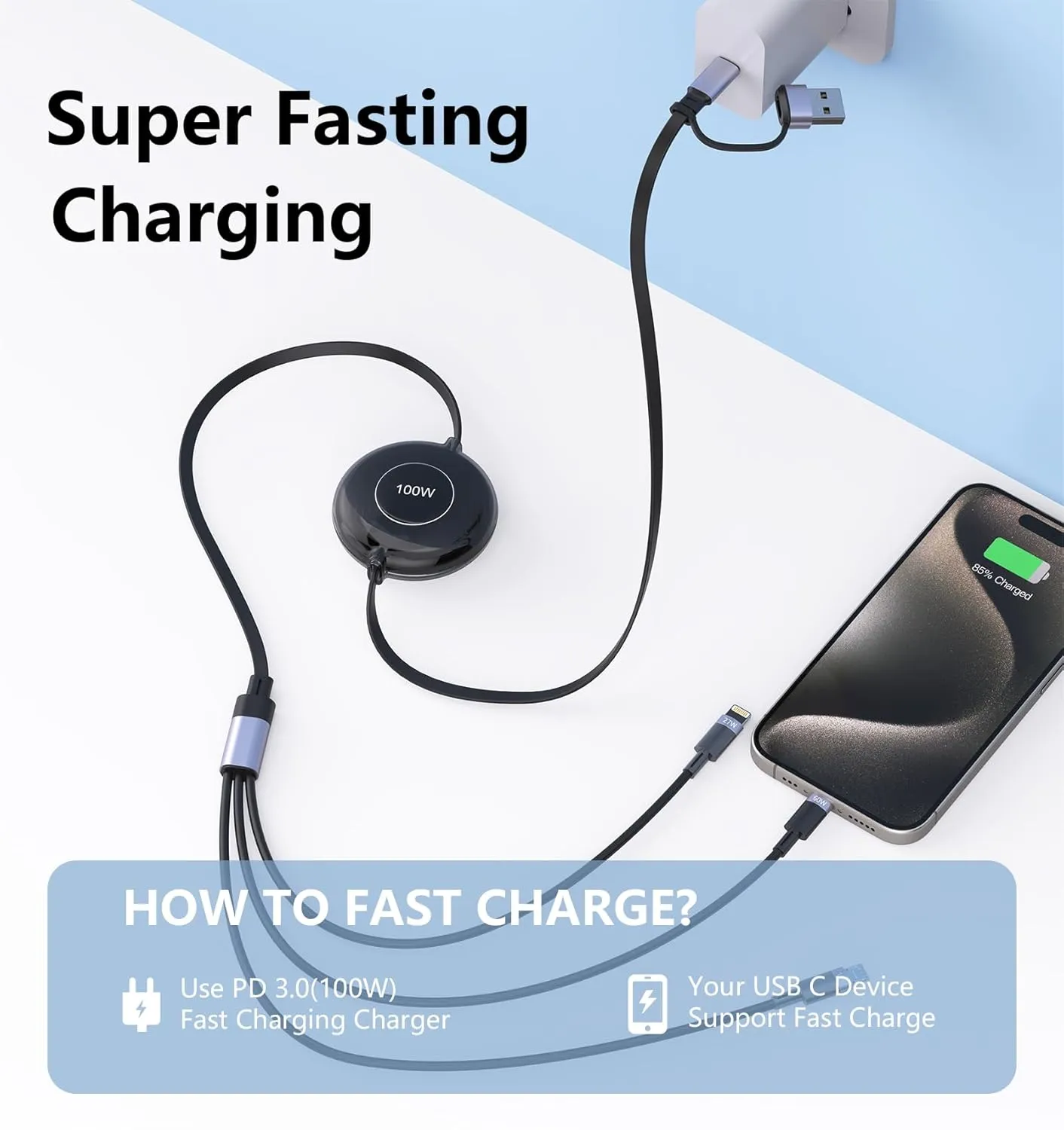 3-in-1 Retractable Multi Charging Cable, 100W Fast Charging USB-C/A to Lightning/USB-C/Micro USB Phone Charger Cord for iPhone 16/15, Samsung, MacBook, iPad (Black)