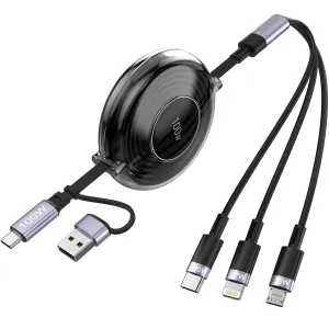 3-in-1 Retractable Multi Charging Cable, 100W Fast Charging USB-C/A to Lightning/USB-C/Micro USB Phone Charger Cord for iPhone 16/15, Samsung, MacBook, iPad (Black)