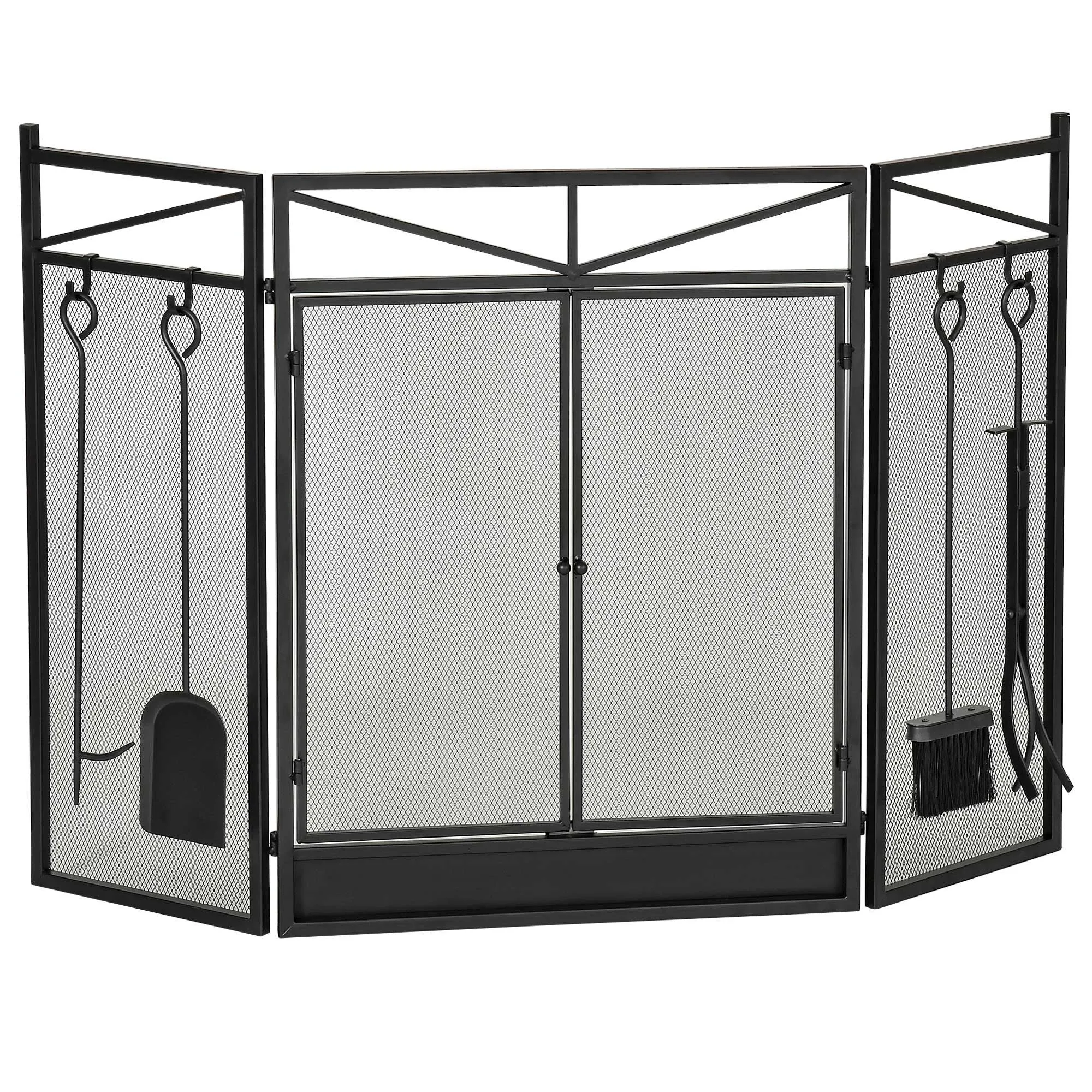 3-Panel Folding Fireplace Screen with 2 Magnetic Doors and Fire Place Tools Set