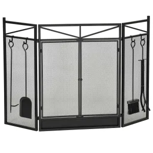 3-Panel Folding Fireplace Screen with 2 Magnetic Doors and Fire Place Tools Set