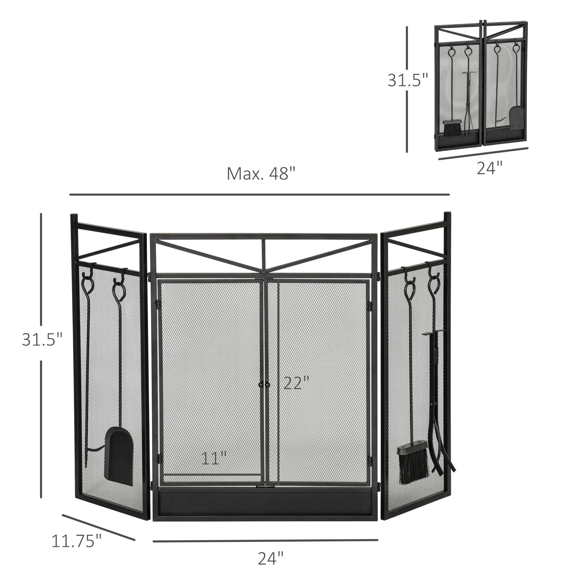 3-Panel Folding Fireplace Screen with 2 Magnetic Doors and Fire Place Tools Set