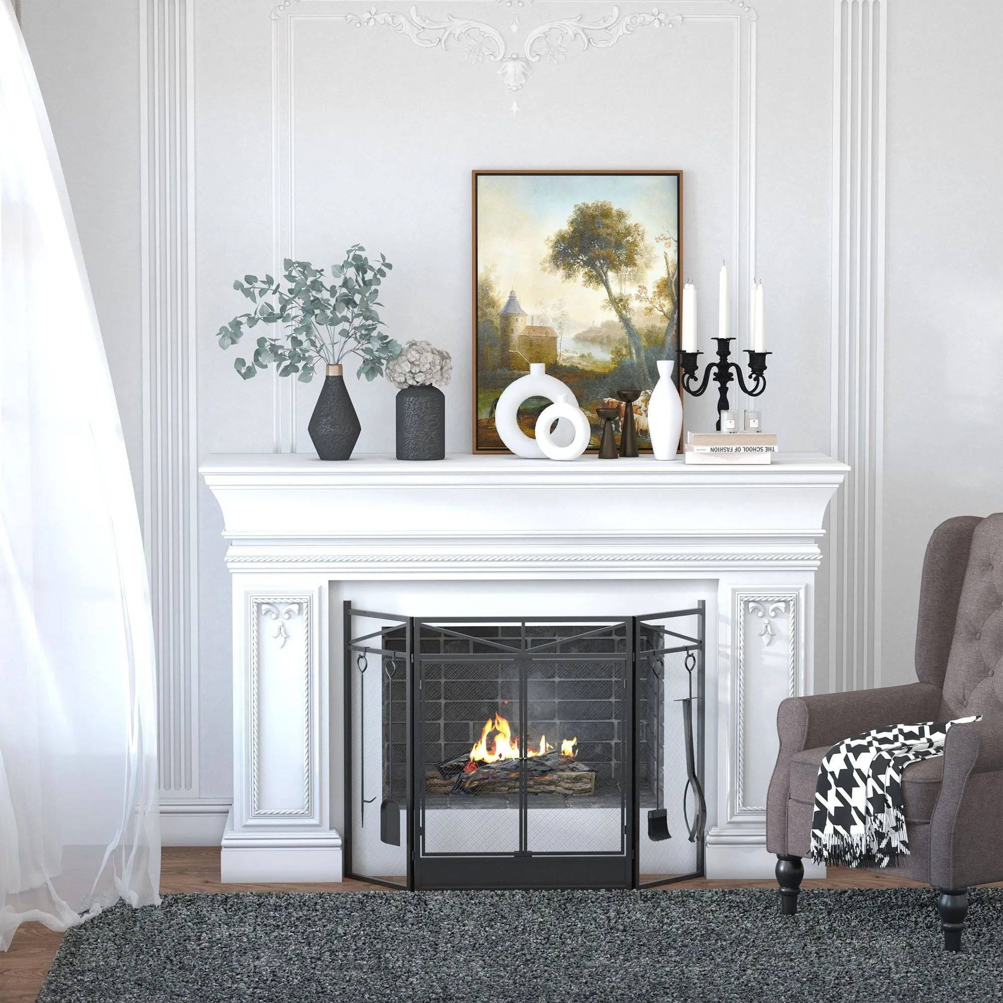 3-Panel Folding Fireplace Screen with 2 Magnetic Doors and Fire Place Tools Set