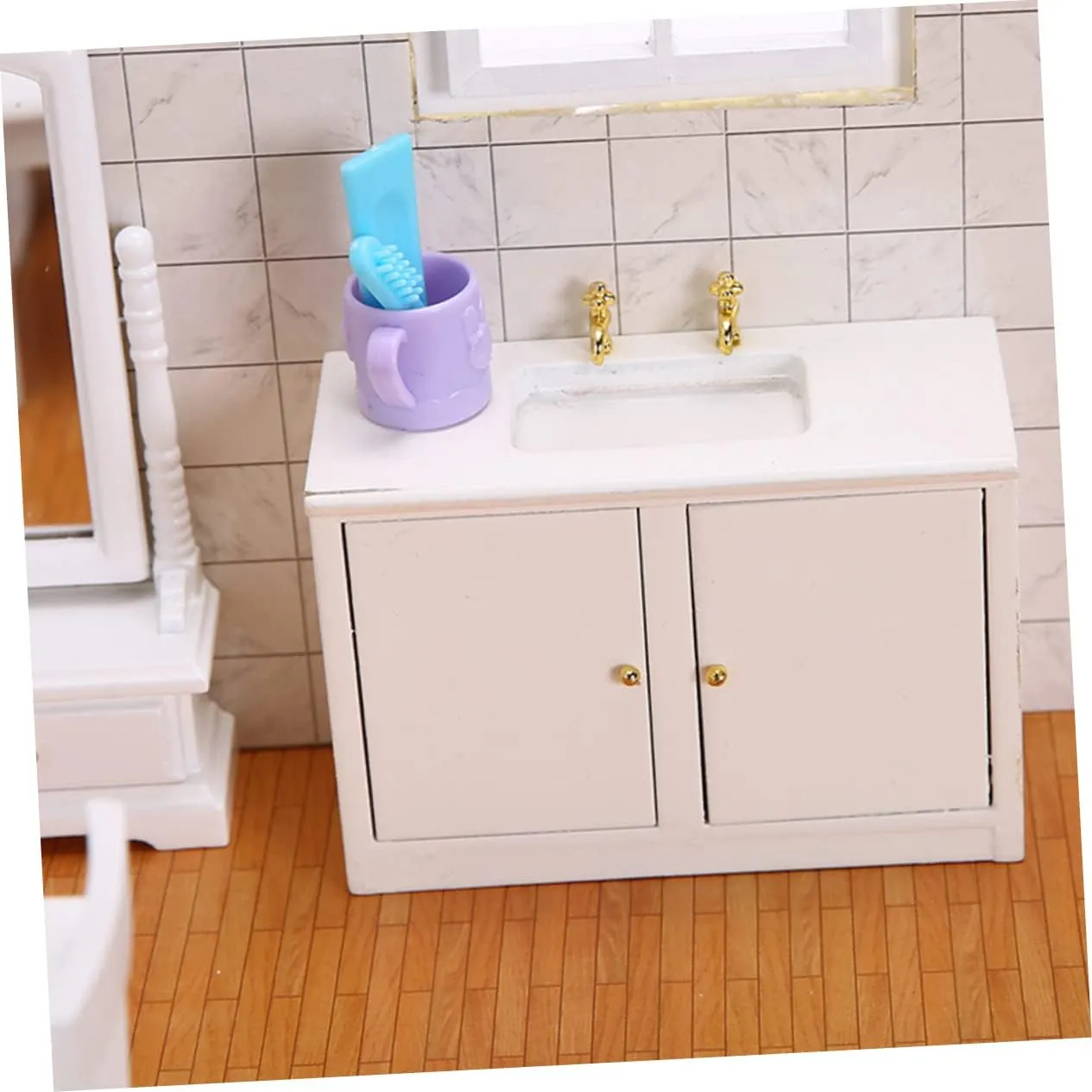 3 pcs Miniature Bathroom Sink Model Set Small House Accessory DIY Ornament for Dollhouse Scale Wash Basin with Cabinet for Miniature Decoration