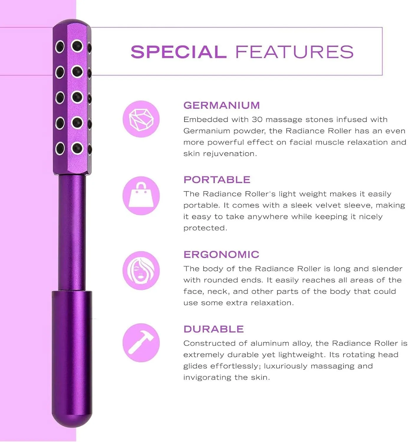 30 Grains Germanium Elarique Beauty Roller for Up Lifting and Skin Care, Arrily Face Roller, Facelift Pro Beauty Roller, Cooling & Sculpting, Portable with Ergonomic Handle (Pink)