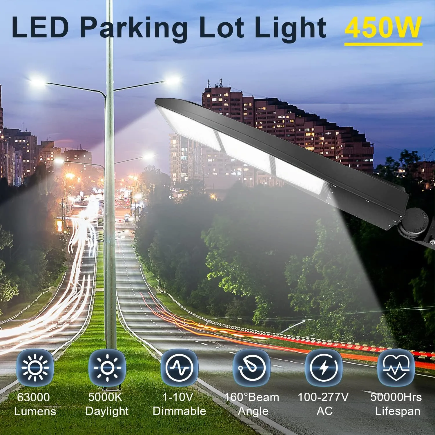 300W LED Parking Lot Light 42000LM 4000K LED Shoebox Area Light 0-10V Dimmable Commercial Outdoor Street Light IP65 20KV Surge Protection AC100-277V UL&DLC Listed(Slip Fitter Mount,450W-120V-5000K)
