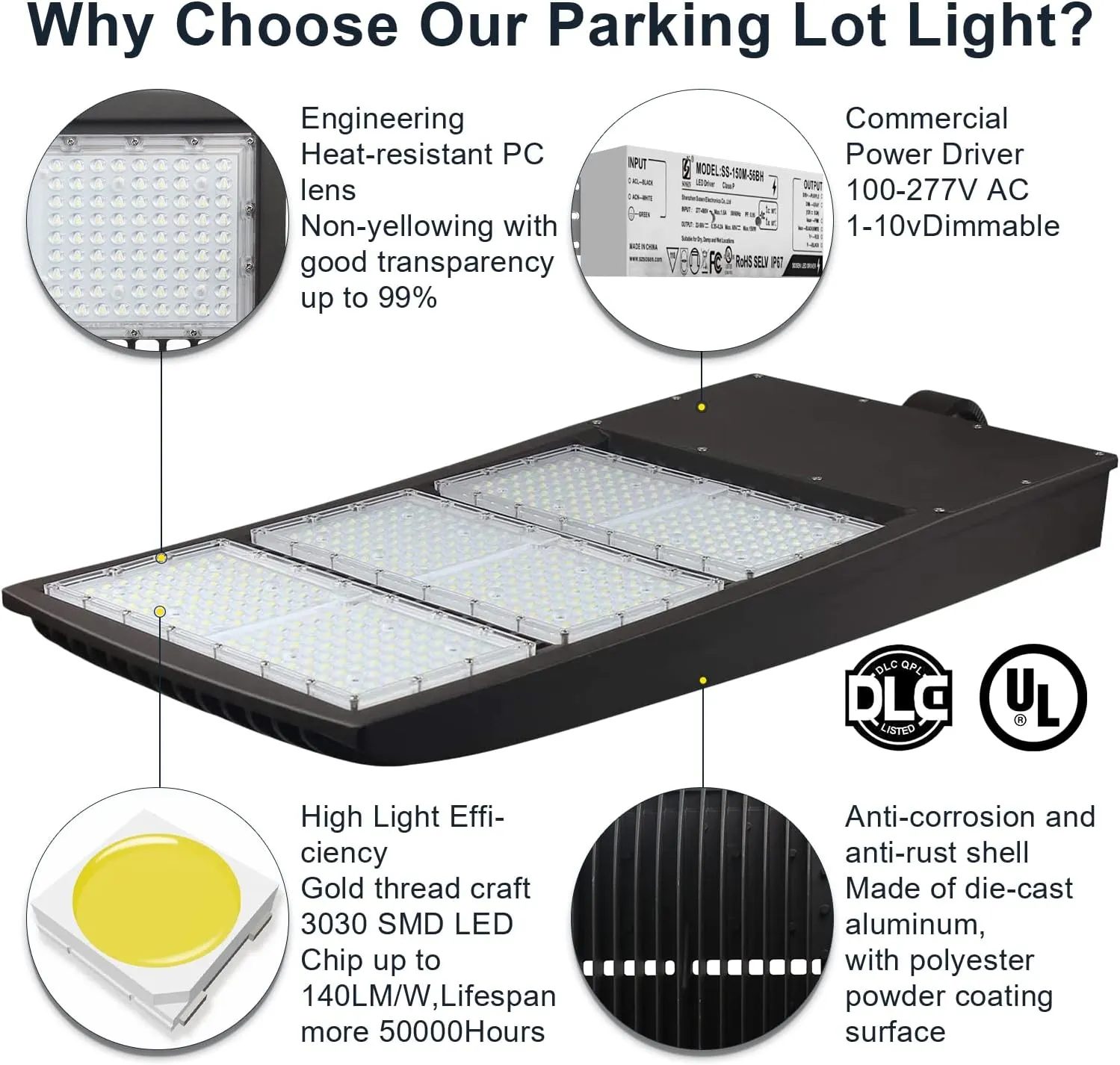 300W LED Parking Lot Light 42000LM 4000K LED Shoebox Area Light 0-10V Dimmable Commercial Outdoor Street Light IP65 20KV Surge Protection AC100-277V UL&DLC Listed(Slip Fitter Mount,450W-120V-5000K)