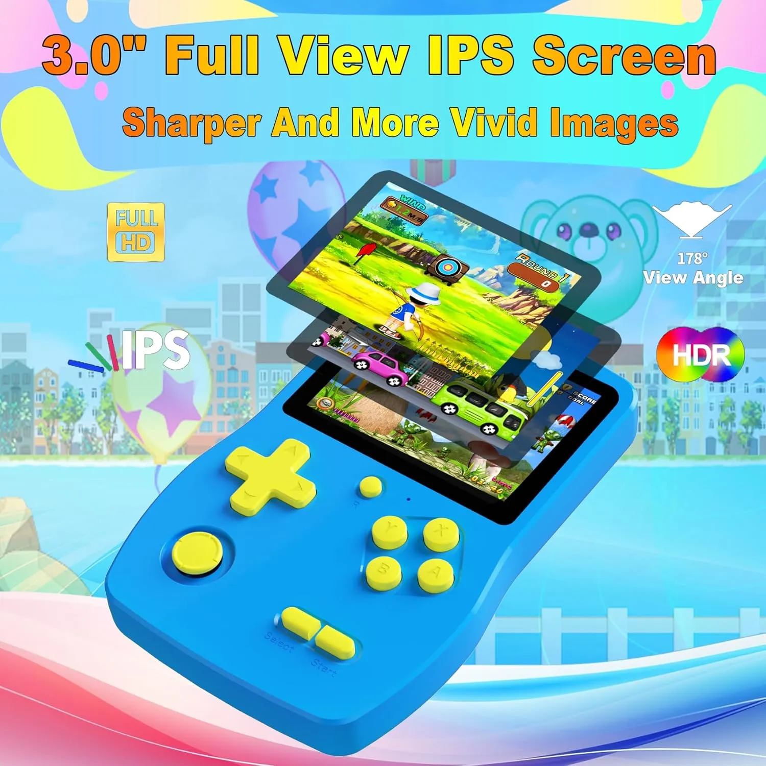 32 Bit Handheld Games for Kids,3.0'' IPS Screen and Built in 139 Video Games,Rechargeable Portable Electronic Gaming System Toys for Ages 4-14,Boys Girls Xmas Birthday Gift (Blue)