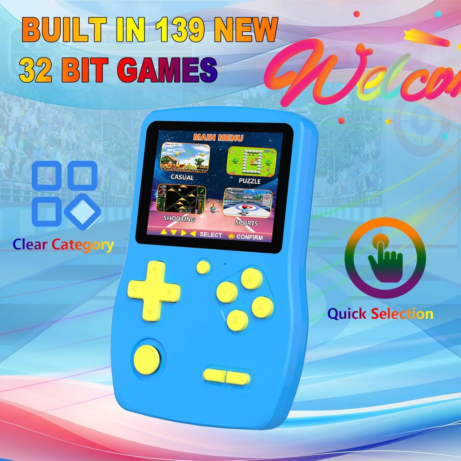 32 Bit Handheld Games for Kids,3.0'' IPS Screen and Built in 139 Video Games,Rechargeable Portable Electronic Gaming System Toys for Ages 4-14,Boys Girls Xmas Birthday Gift (Blue)