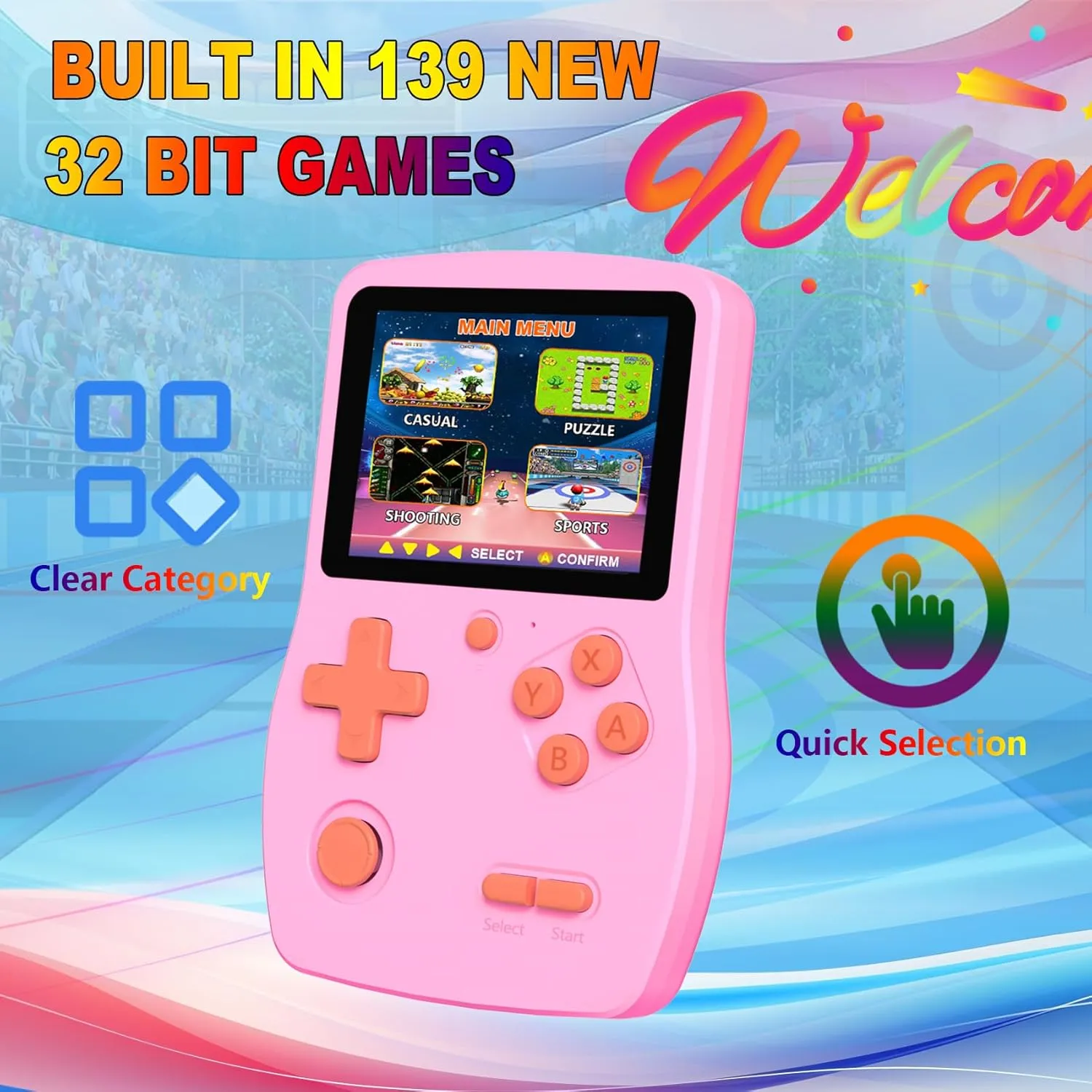 32 Bit Handheld Games for Kids,3.0'' IPS Screen and Built in 139 Video Games,Rechargeable Portable Electronic Gaming System Toys for Ages 4-14,Boys Girls Xmas Birthday Gift (Pink)