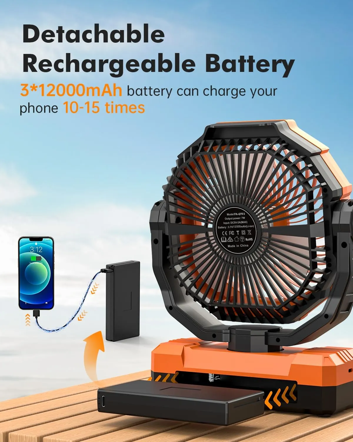 36000mAh Camping Fan - 9-Inch Detachable Rechargeable Battery Operated Fan with Light & Hook for Tent, Outdoor - USB Table Fan with 4 Speeds for Picnic, BBQ, Fishing, Travel, Hurricane