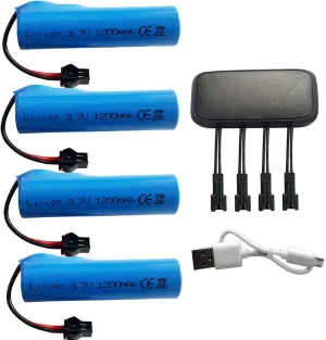 3.7V 1200mAh Li-ion Battery SM-2P Plug and 4-in-1 USB Charger for RC Cars RC Trucks Toy Robots Stunt Cars Bazooka Rocket Bubble Gun Replacement Battery