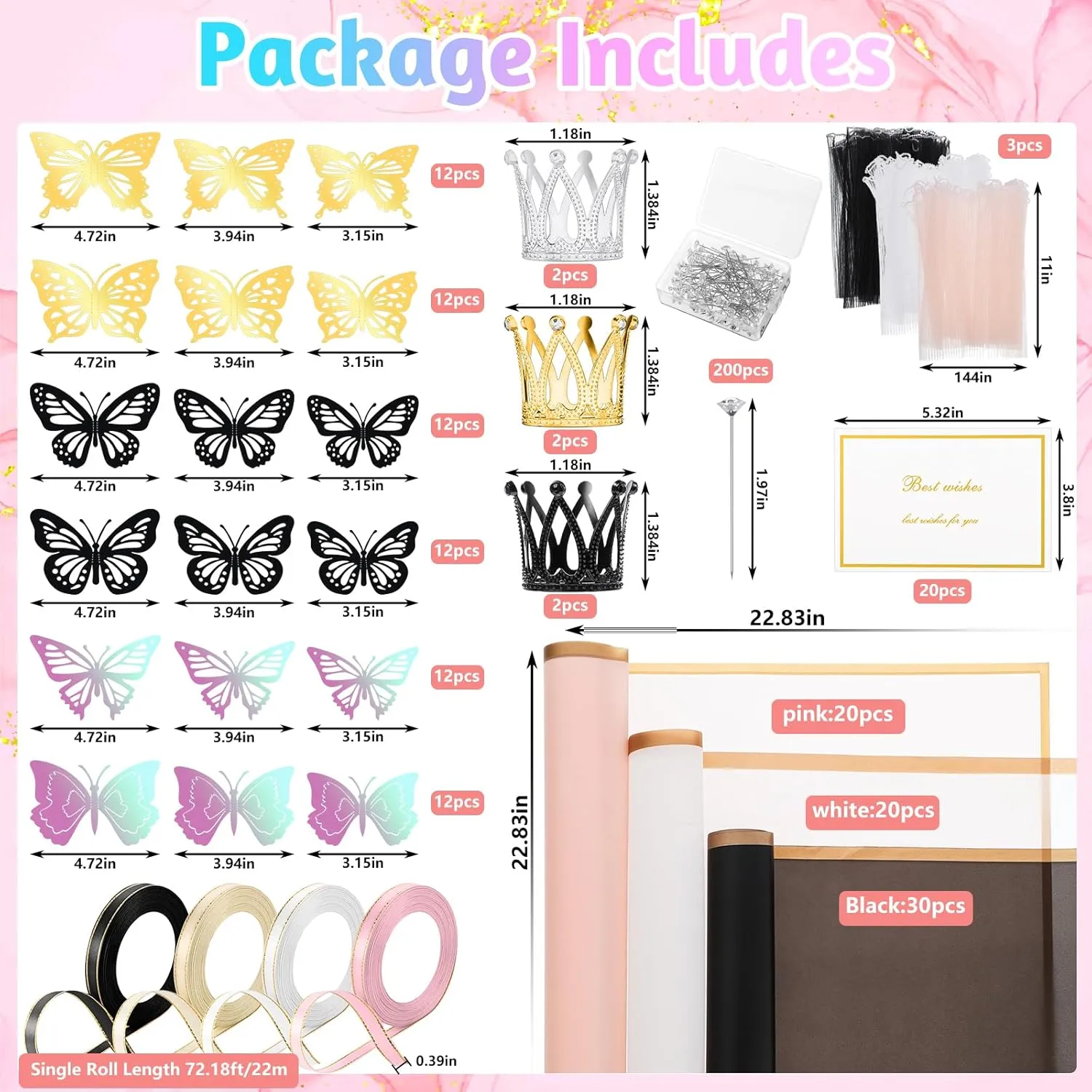 385 Pcs Flower Wrapping Paper Bouquet 80 Sheets Waterproof Floral Wrapping Paper Florist Supplie with 3 Roll Pearl Lace Mesh Paper 3D Butterfly Decor Crown for Mother's Day Wedding DIY Craft