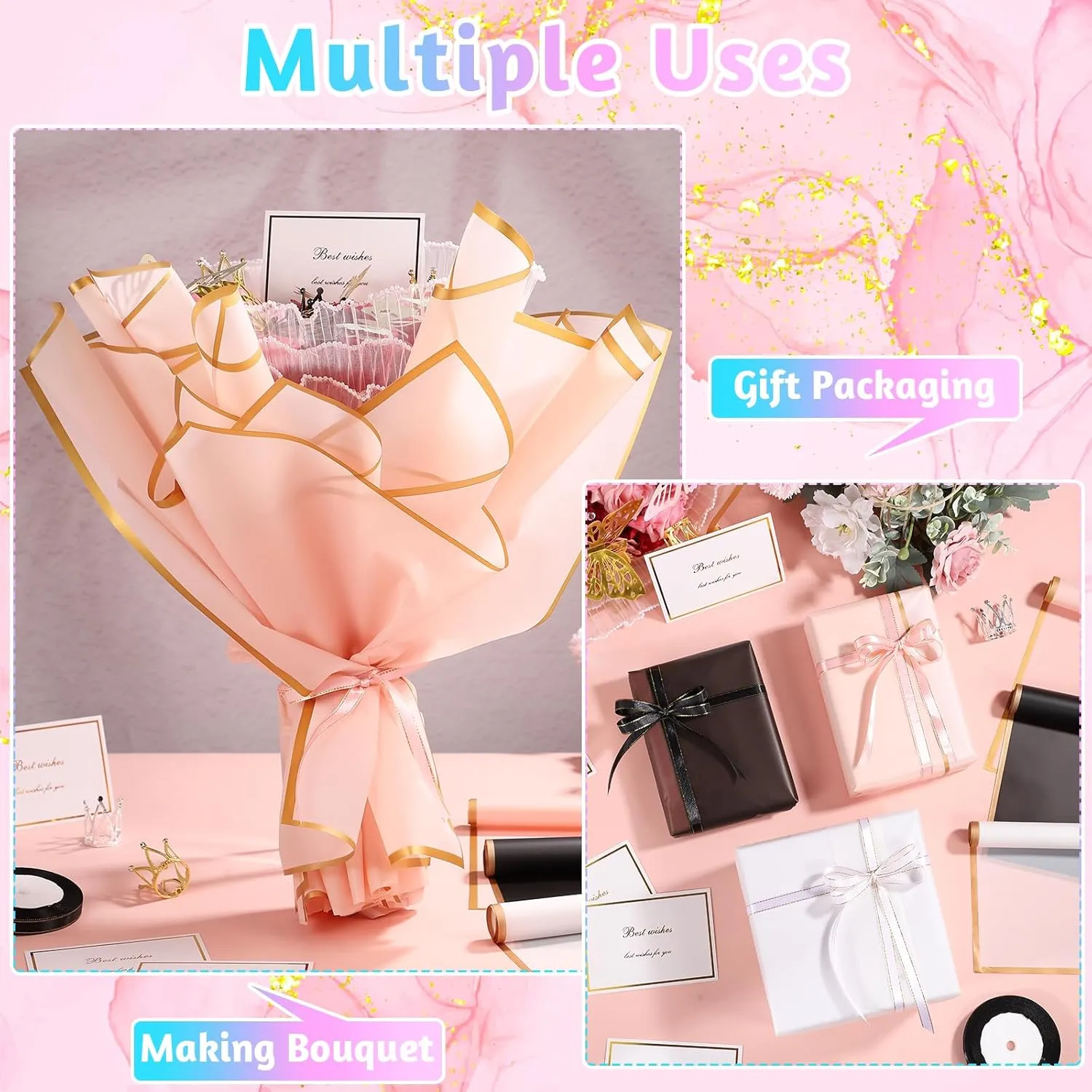 385 Pcs Flower Wrapping Paper Bouquet 80 Sheets Waterproof Floral Wrapping Paper Florist Supplie with 3 Roll Pearl Lace Mesh Paper 3D Butterfly Decor Crown for Mother's Day Wedding DIY Craft