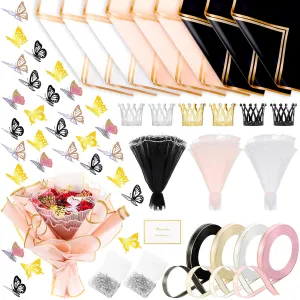 385 Pcs Flower Wrapping Paper Bouquet 80 Sheets Waterproof Floral Wrapping Paper Florist Supplie with 3 Roll Pearl Lace Mesh Paper 3D Butterfly Decor Crown for Mother's Day Wedding DIY Craft