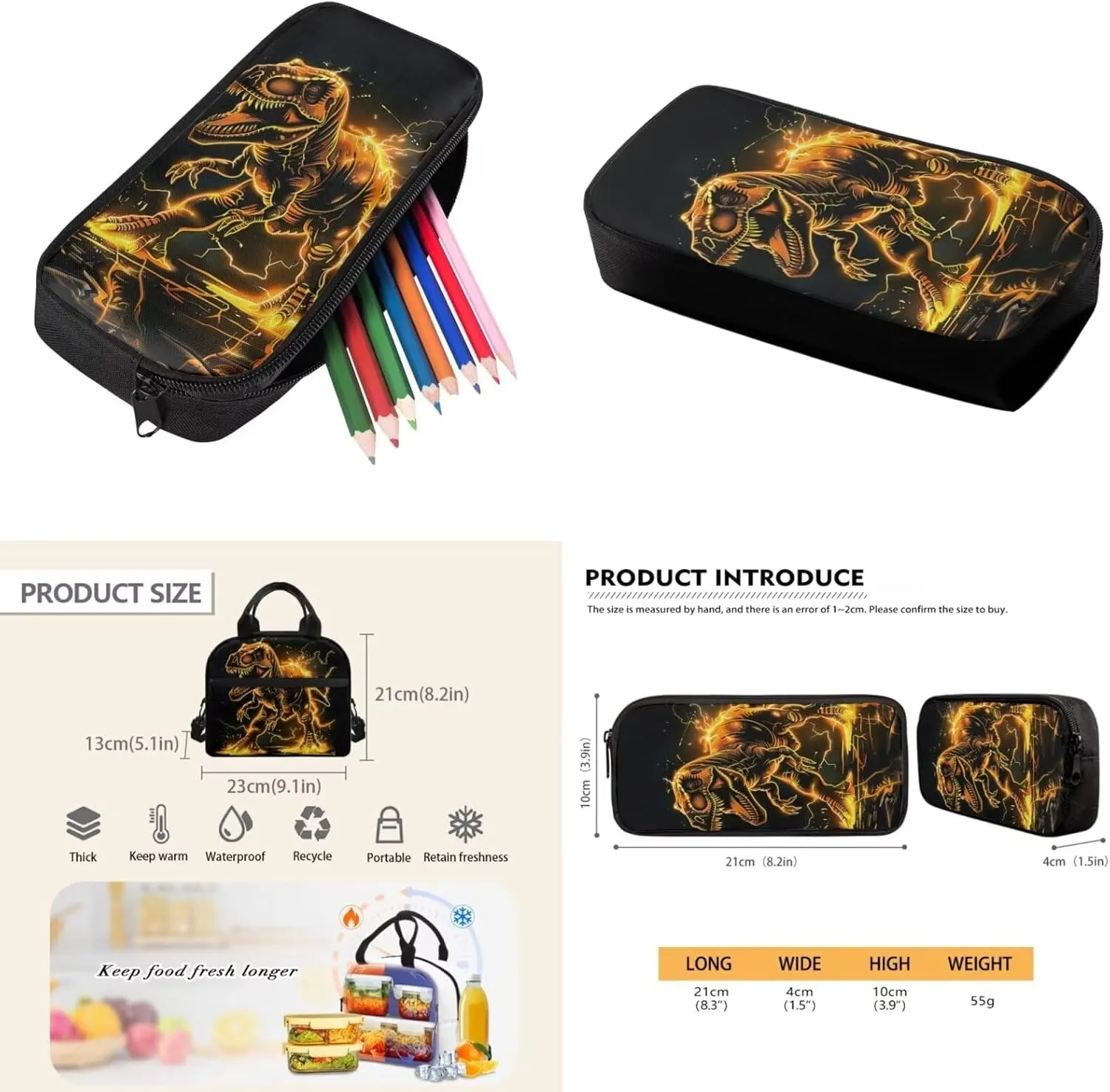 3D Dinosaur Kids Girls School Backpack Set Gold, Lightweight Book Bag for Boys Girls, Kids Backpack for Elementary Middle High School, Back to School Supplies