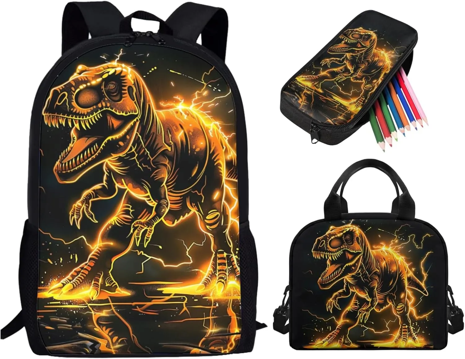 3D Dinosaur Kids Girls School Backpack Set Gold, Lightweight Book Bag for Boys Girls, Kids Backpack for Elementary Middle High School, Back to School Supplies