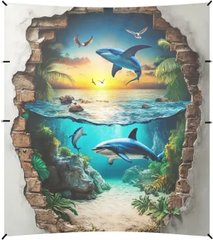 3D Hole White Wall Ocean Animal Shark Stable Beach Tent UPF50  Protection Easy Setup Large Portable Sun Shelter with Sturdy Poles, Sandbags and Shovel for Camping, Picnics, Backyard & Fishing