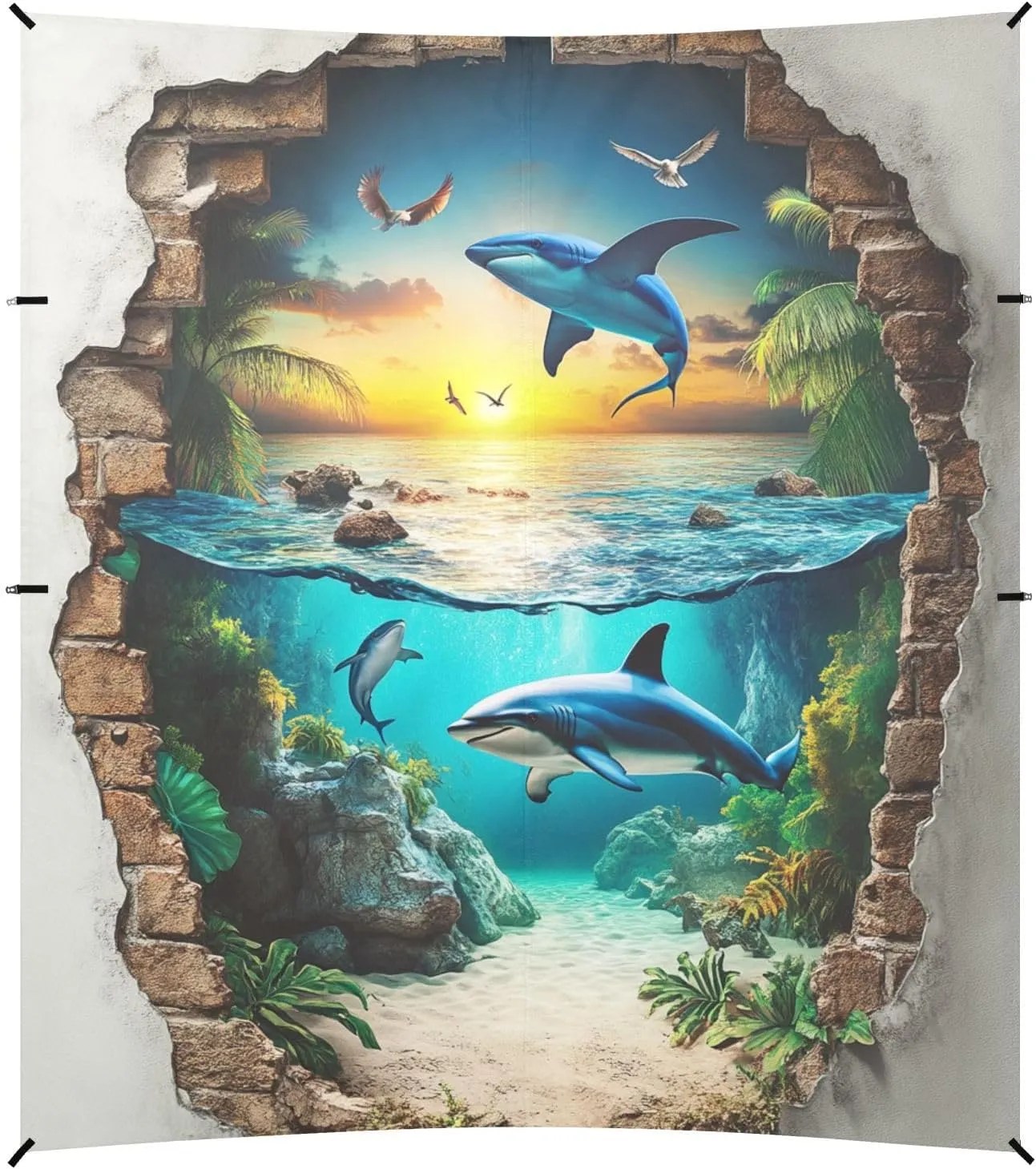 3D Hole White Wall Ocean Animal Shark Stable Beach Tent UPF50  Protection Easy Setup Large Portable Sun Shelter with Sturdy Poles, Sandbags and Shovel for Camping, Picnics, Backyard & Fishing