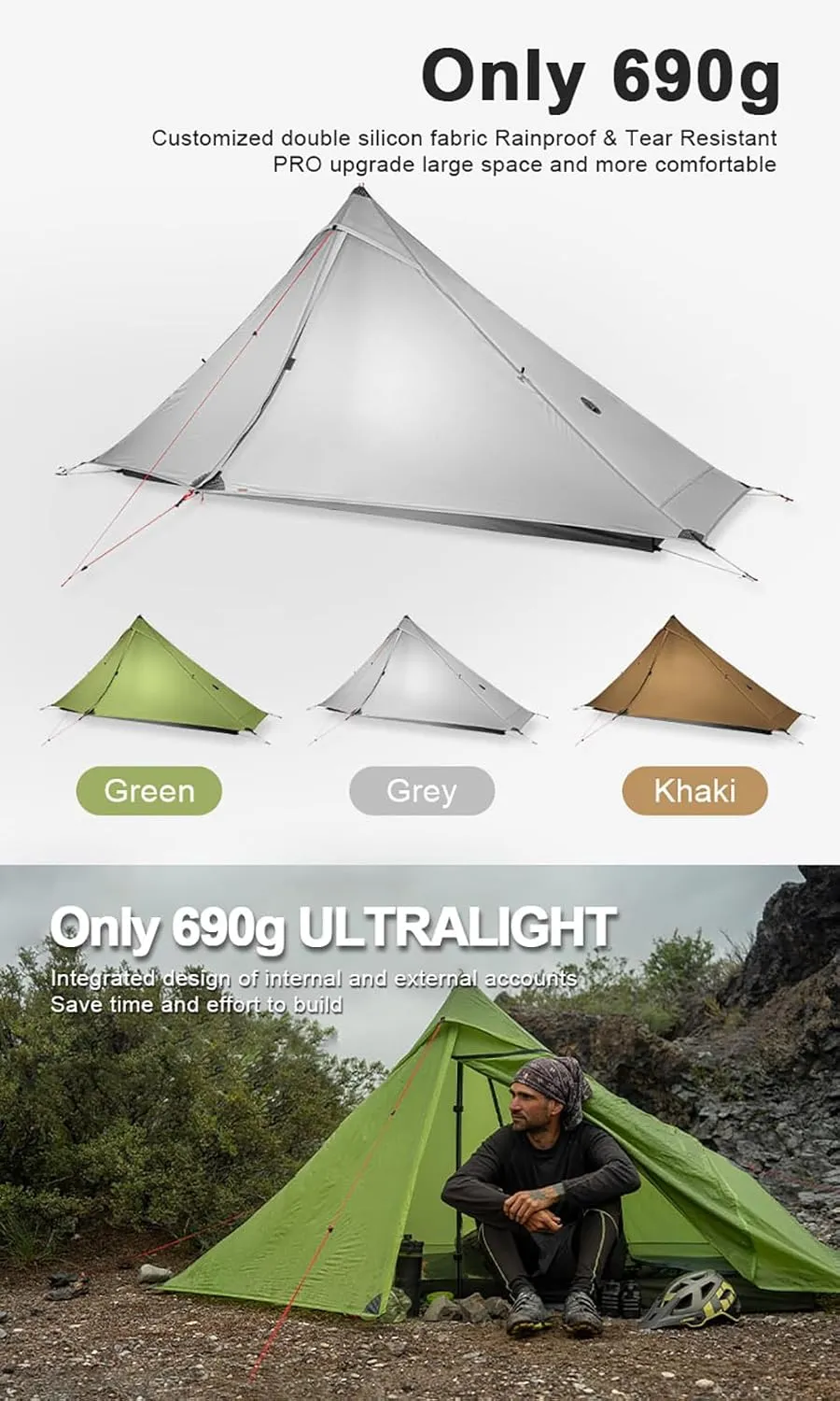3F UL Gear Lanshan PRO Lanshan Ultralight Tent Ultralight Tent 3-Season Backpacking Tent for 1-Person or 2-Person Camping, Climbing, Hiking, Trekking, Kayaking (for 1 Person, Gray- 3 Season)