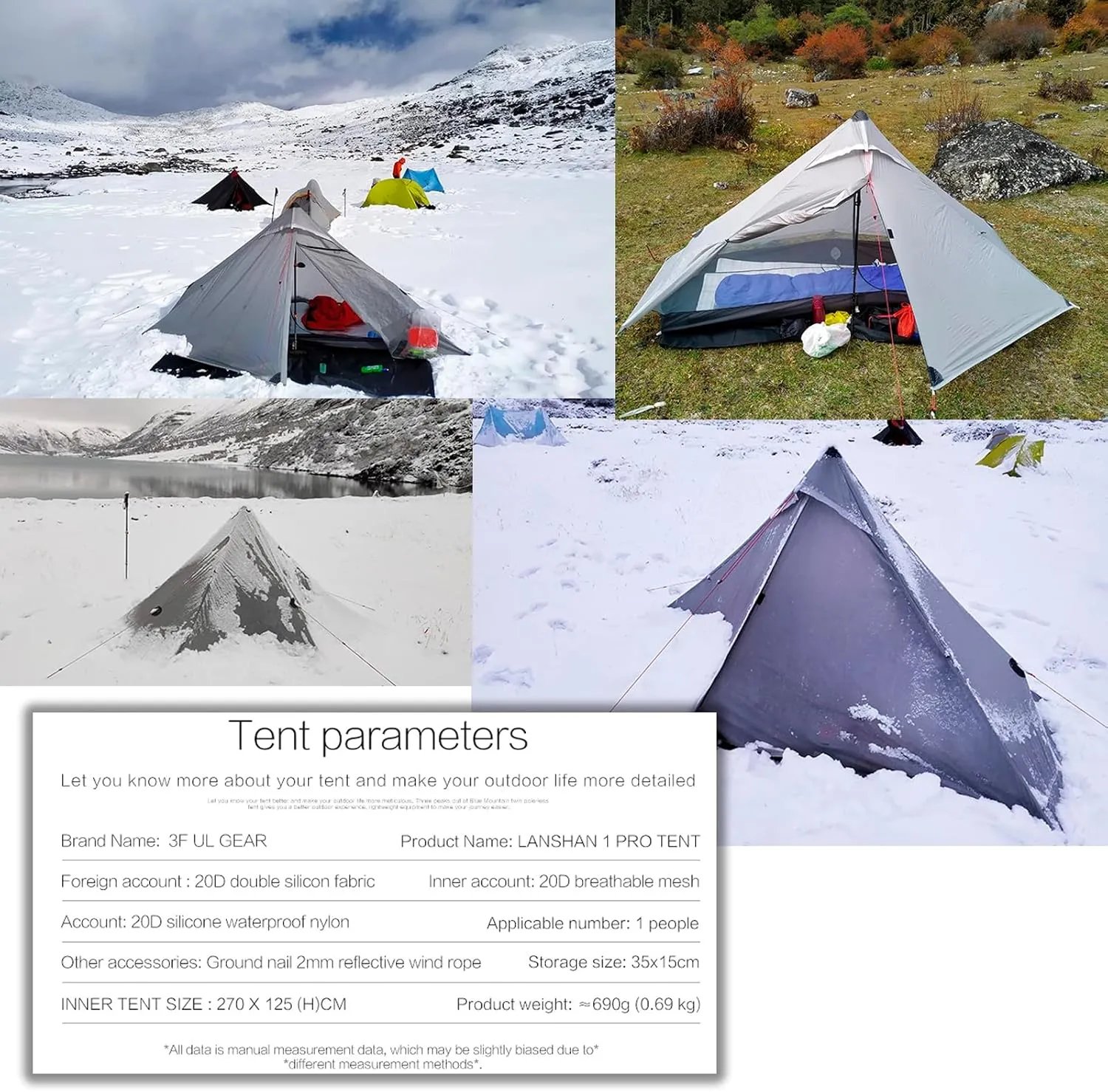 3FULGEAR Lanshan1 Pro Outdoor Ultralight Camping Tent for 1 Person 3/4 Season Professional 20D Nylon Double Sided Silicone Tent, Camping, Trekking, Kayaking, Climbing, Hiking