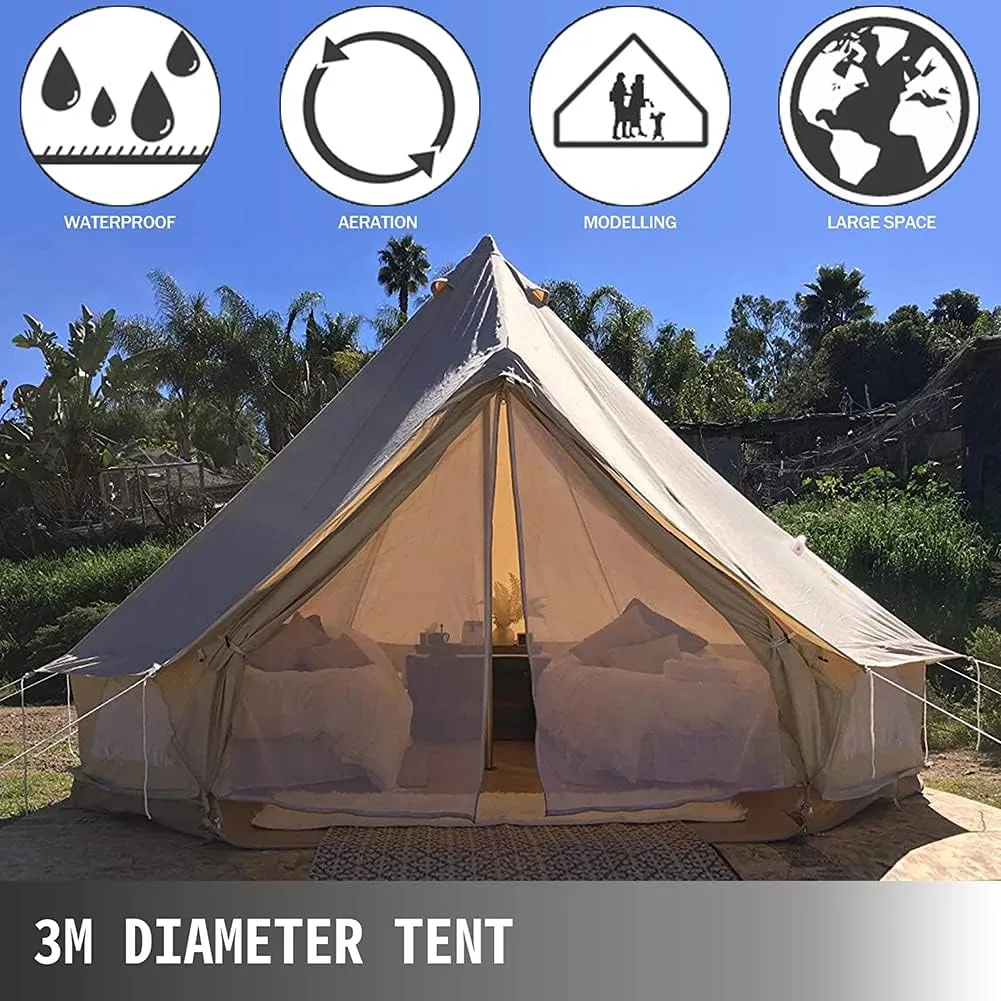 3m/4m Yurt Tent with Stove Hole Camping Family Tent Cotton Canvas Truck Tent Large Space Pyramid Tent for Outdoor Party Picnic (Khaki 300X300X200CM)