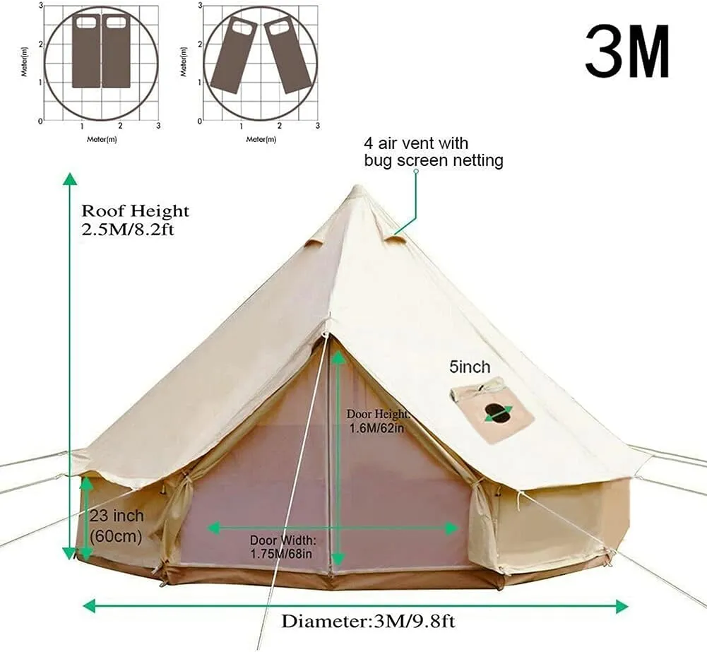 3m/4m Yurt Tent with Stove Hole Camping Family Tent Cotton Canvas Truck Tent Large Space Pyramid Tent for Outdoor Party Picnic (Khaki 300X300X200CM)