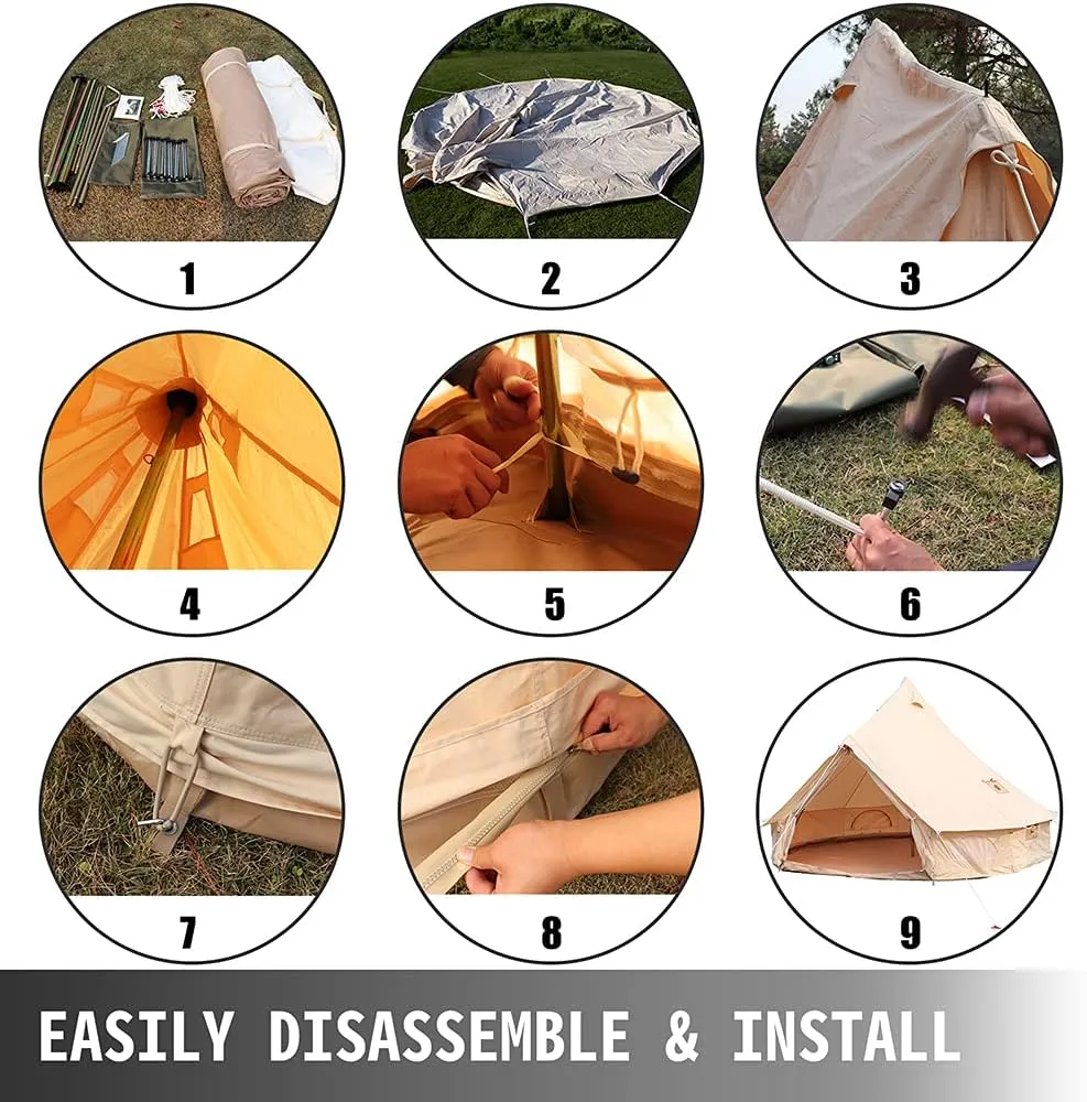 3m/4m Yurt Tent with Stove Hole Camping Family Tent Cotton Canvas Truck Tent Large Space Pyramid Tent for Outdoor Party Picnic (Khaki 300X300X200CM)
