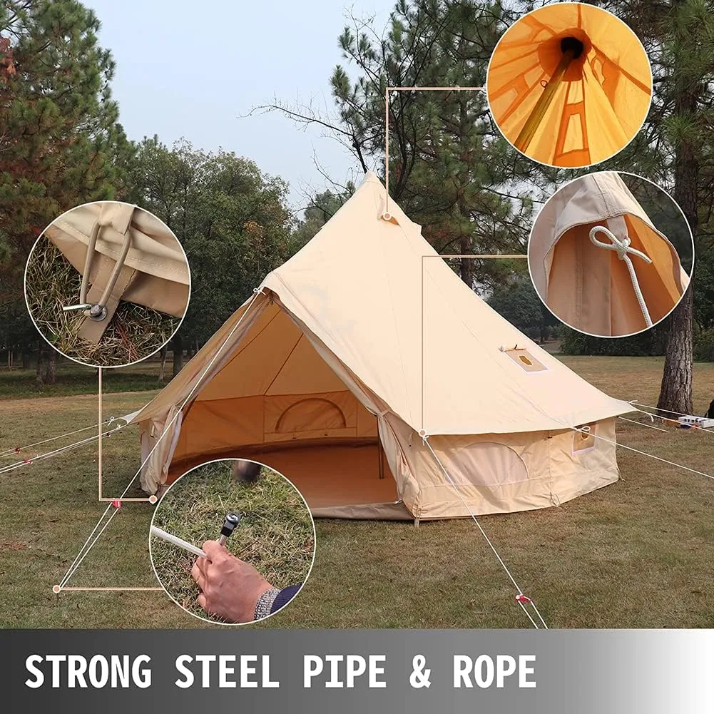 3m/4m Yurt Tent with Stove Hole Camping Family Tent Cotton Canvas Truck Tent Large Space Pyramid Tent for Outdoor Party Picnic (Khaki 300X300X200CM)