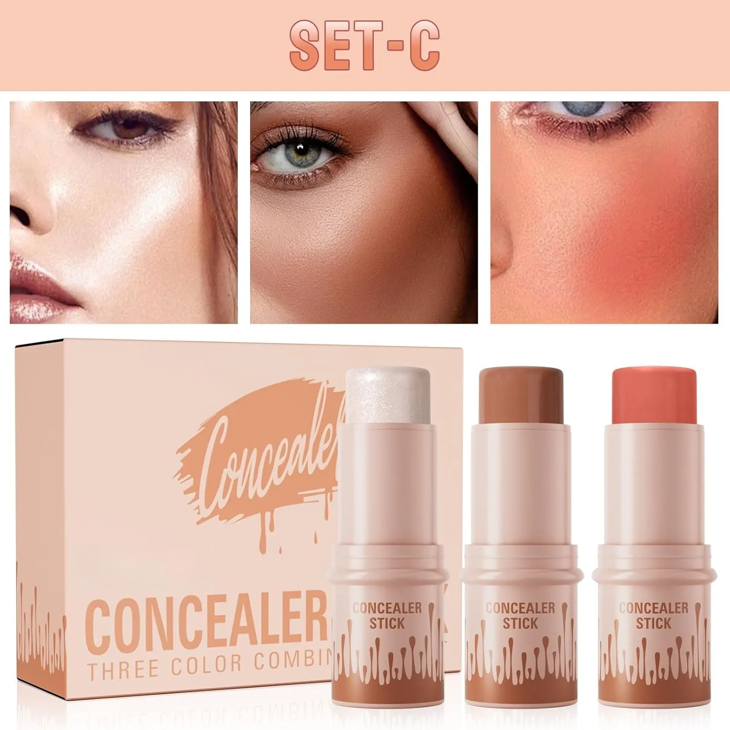 3Pcs Contour Stick Set，3 Colors Contour Stick Makeup Set， Long-Lasting Waterproof Concealer Stick Kit，Cream Blush & Highlighter Bronzer Pen (SET-C)