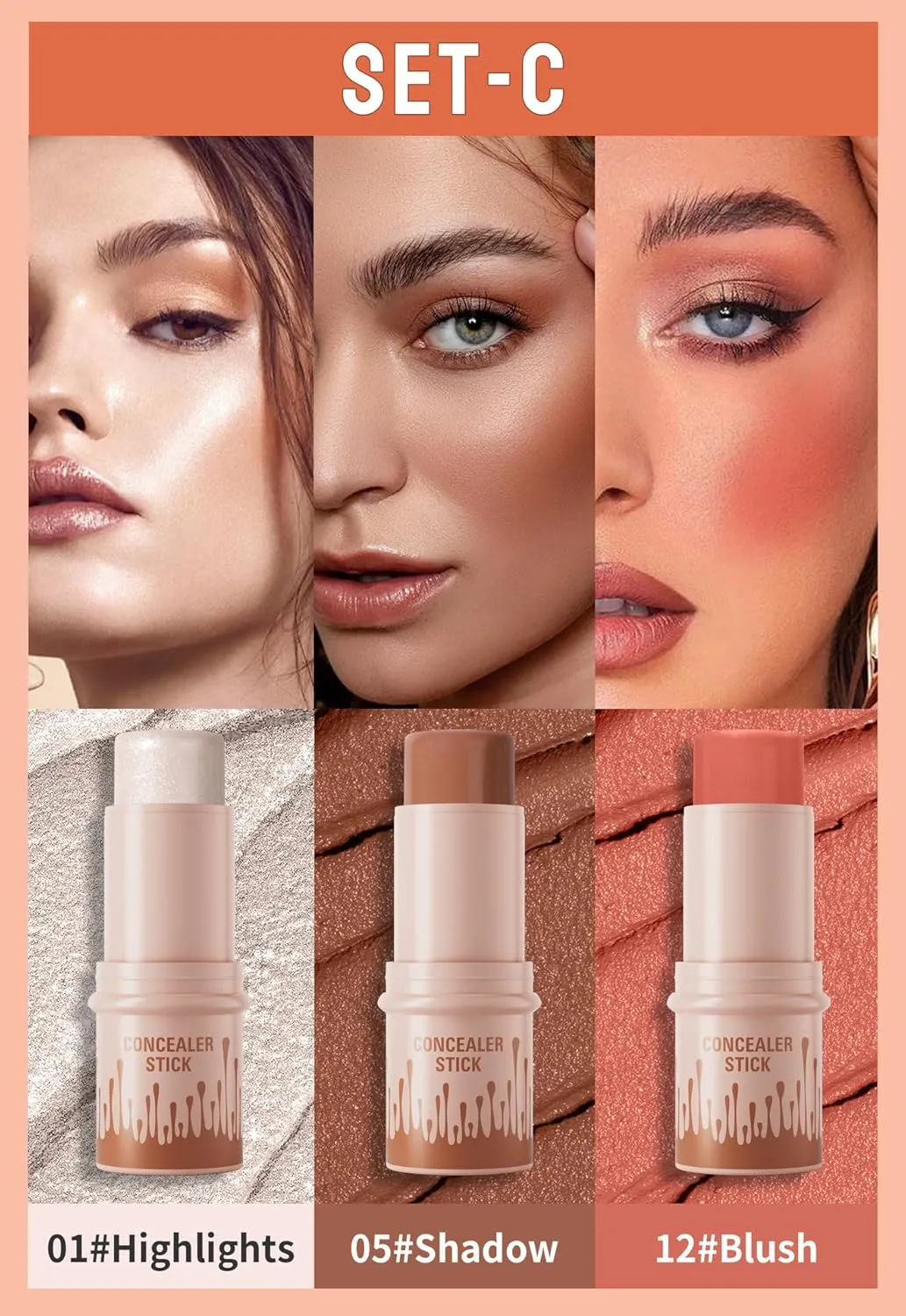 3Pcs Contour Stick Set，3 Colors Contour Stick Makeup Set， Long-Lasting Waterproof Concealer Stick Kit，Cream Blush & Highlighter Bronzer Pen (SET-C)