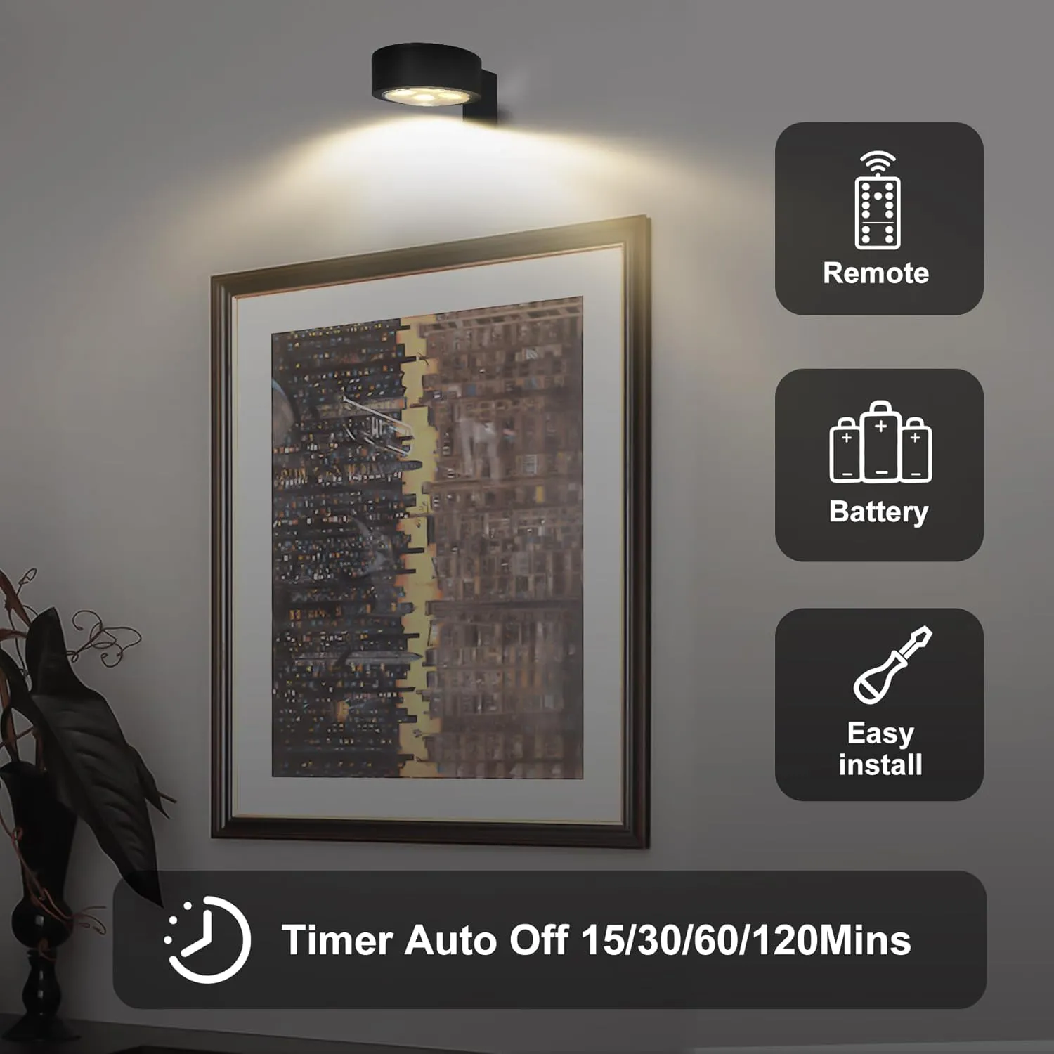 3Pcs Picture Light Battery Operated,Remote Painting Light for Wall with 3 Lighting, 60H Art Display Light with Dimmable Timer-Off,Wireless Wall Picture Light for Frame Portrait Puck Lights