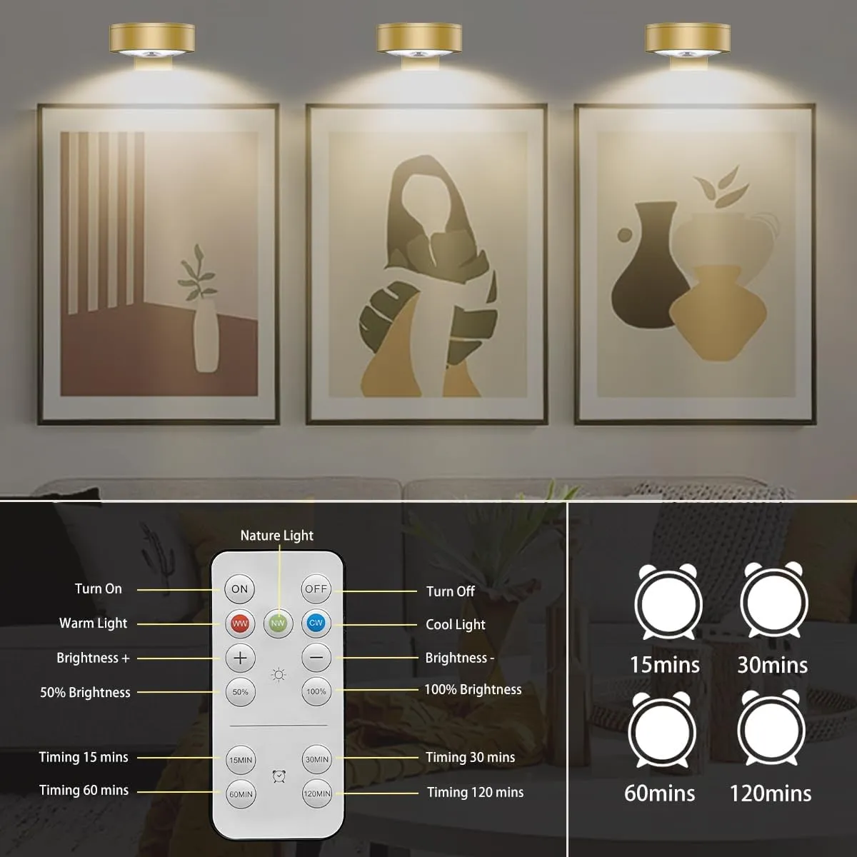 3PCS Picture Lights Battery Operated Painting Light for Wall,Remote Art Light Magnetic, 3Lighting Sets Led Accent Display Light for Pictures Paintings Artwork Portrait Frame Gallery Dimmalbe Timer