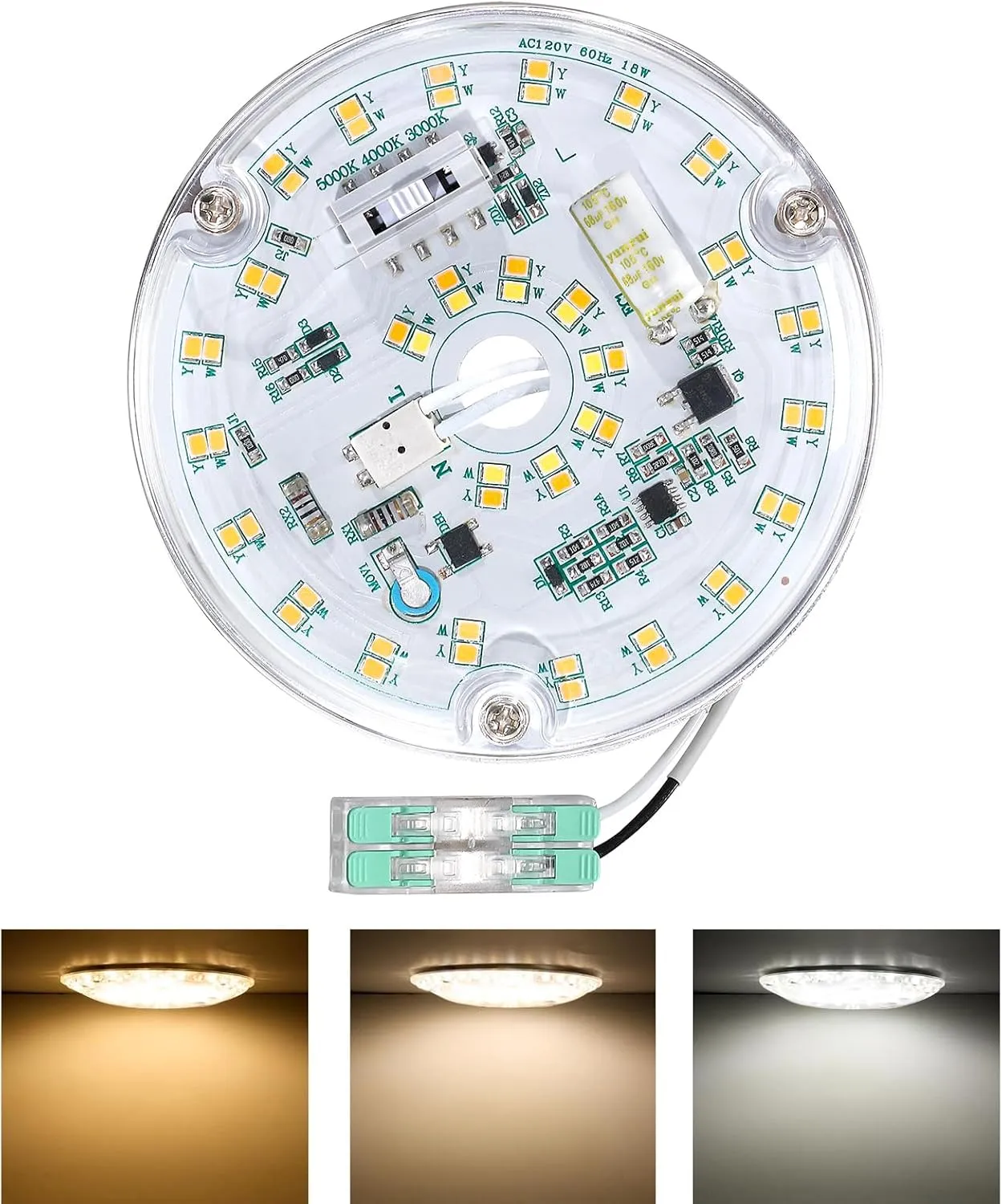 4 Inch Ceiling Fan LED Light Replacement 18W 2100LM, 3CCT 3000K 4000K 5000K Ceiling Fan Light Kit, Round LED Retrofit Kit for Ceiling Light, 120V, CRI90, Dimmable