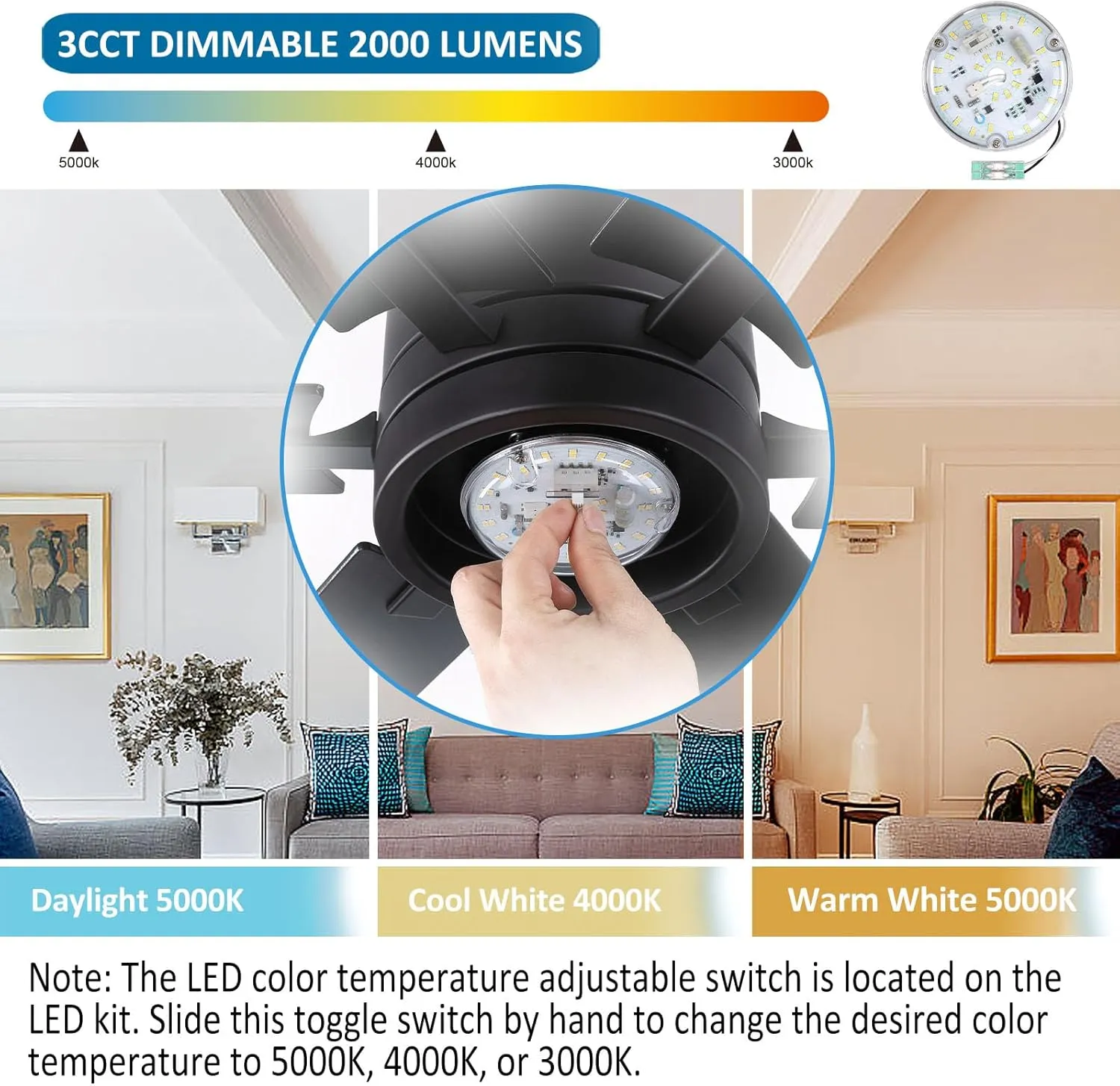 4 Inch Ceiling Fan LED Light Replacement 18W 2100LM, 3CCT 3000K 4000K 5000K Ceiling Fan Light Kit, Round LED Retrofit Kit for Ceiling Light, 120V, CRI90, Dimmable