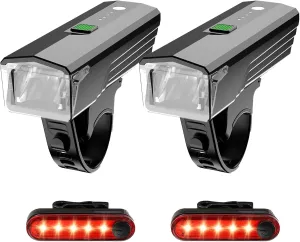 4 Pack Bike Lights Front and Back,Rechargeable USB-C Strong Brightness Bike Headlight and Tail Light,Waterproof Bicycle Light for Mountain,Road,Commuter Cycling -Fits All Bikes