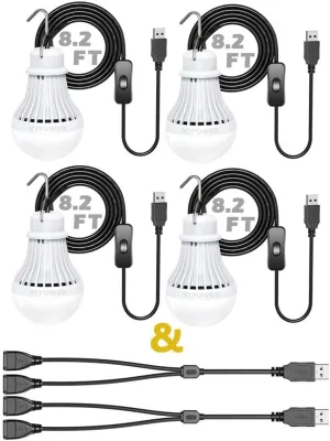 4 Pack Portable LED Bulb, 5W USB LED Camping Light for Garage Warehouse Car Truck Fishing Boat Outdoor Emergency Light Children Bed Room, 2.5m/8.2ft Extension Cord…