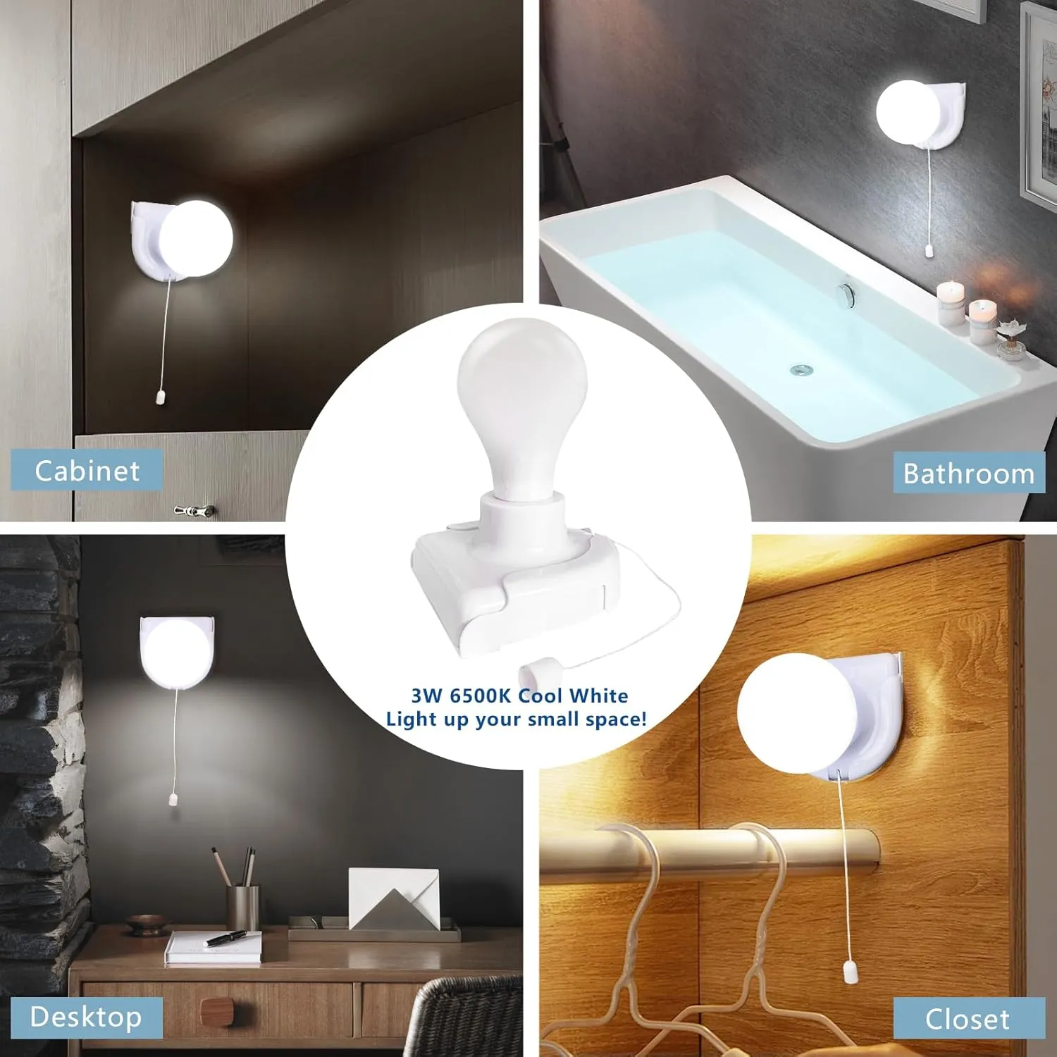 4 Pack Stick-Up Battery Operated Light Bulb, Wireless LED Closet Light Bulb, Self Adhesive Wall Mounted Light Fixture with Pull Chain for Cabinet Bedroom Living Room Kitchen, Milk White Cover