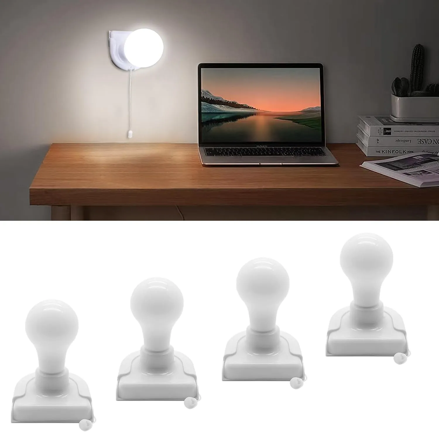 4 Pack Stick-Up Battery Operated Light Bulb, Wireless LED Closet Light Bulb, Self Adhesive Wall Mounted Light Fixture with Pull Chain for Cabinet Bedroom Living Room Kitchen, Milk White Cover
