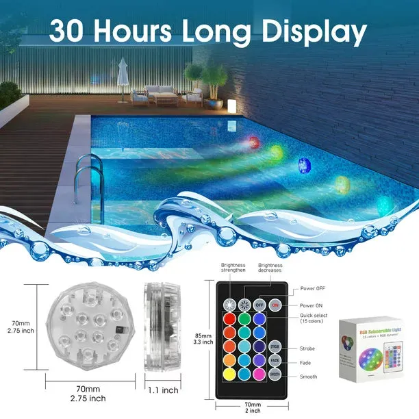 4 Pack Submersible LED Light, Waterproof LED Pool Light with Magnets and Suction Cups, Color Changing Underwater Pool Light for Swimming Pools Bathrooms Fountains Aquariums Parks Weddings Party