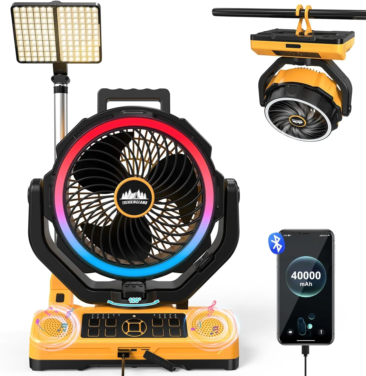 40000mAh Rechargeable Camping Fan for tents With Bluetooth Speaker, Multi-colored LED Light, 6 wind Speeds, 8h Timer, 120° Auto Oscillating Battery Operated Fan for Camping With Fast Charge Adapter
