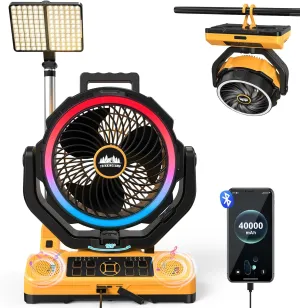 40000mAh Rechargeable Camping Fan for tents With Bluetooth Speaker, Multi-colored LED Light, 6 wind Speeds, 8h Timer, 120° Auto Oscillating Battery Operated Fan for Camping With Fast Charge Adapter