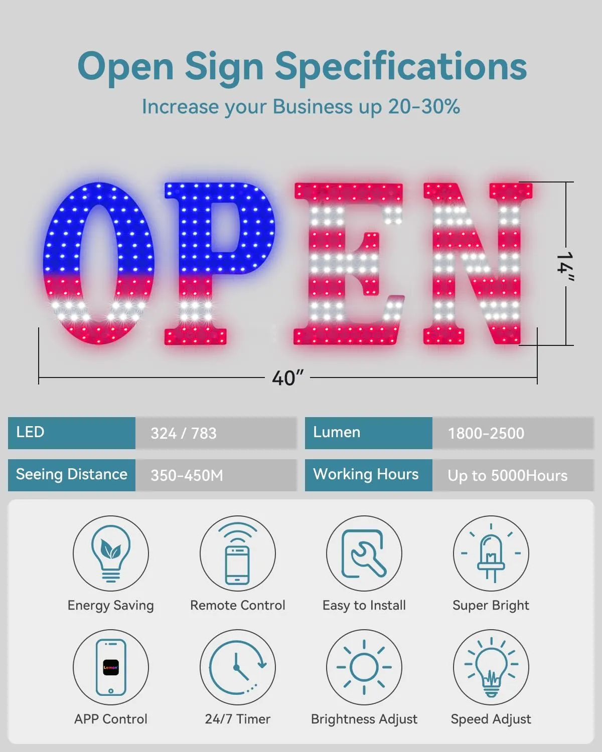 40"x14" Large LED Open Sign BT and Remote Control Open Signs Super Bright Dimmable Business Open Sign for Storefront Window Bar Salon Cafes Retail Shops White Red Blue
